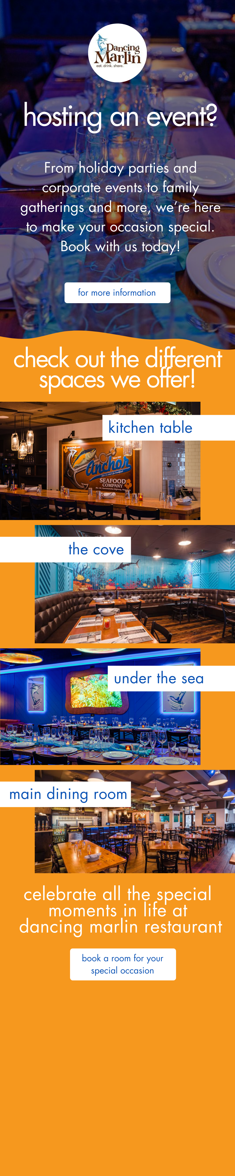 Promotional flyer for Dancing Marlin restaurant highlighting event hosting, different spaces available including kitchen table, the cove, under the sea, and main dining room, with images of restaurant interiors and a logo at the top.