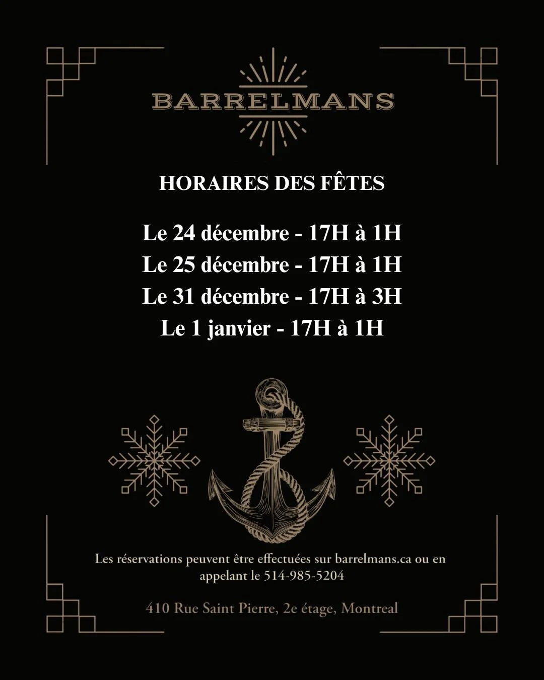 Nos heures des f&ecirc;tes sont officiellement lanc&eacute;es. Plusieurs belles soir&eacute;es &agrave; venir, on vous attend!

Our holiday hours are officially in. Plenty of good nights ahead &mdash; we&rsquo;ll be ready for you!

#Barrelmans #OldMo