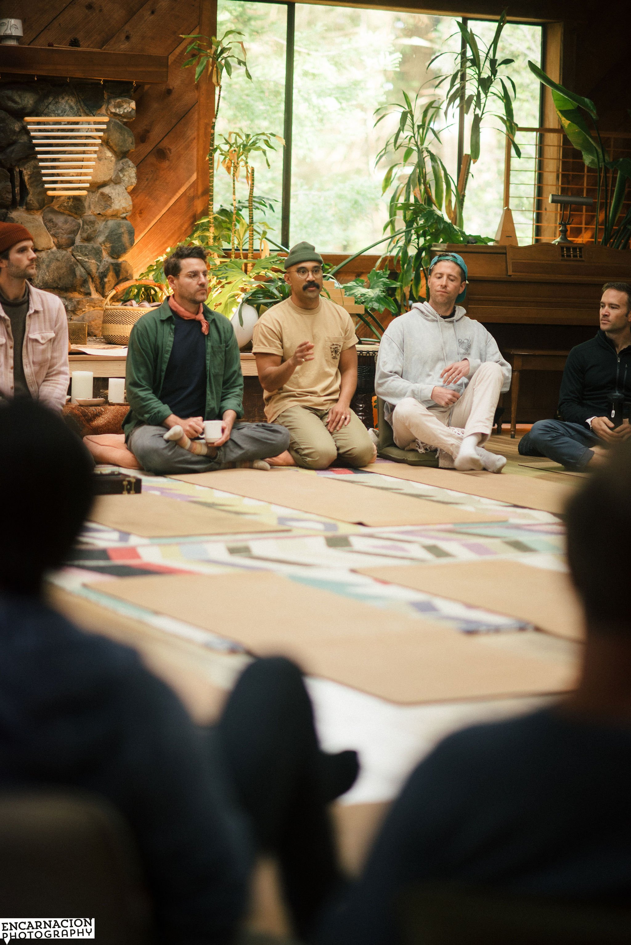 Group of five men sitting cross-legged on a patterned rug in a cozy, wooden-paneled room with large windows and various green plants. One man is speaking while the others listen attentively at a men's group..