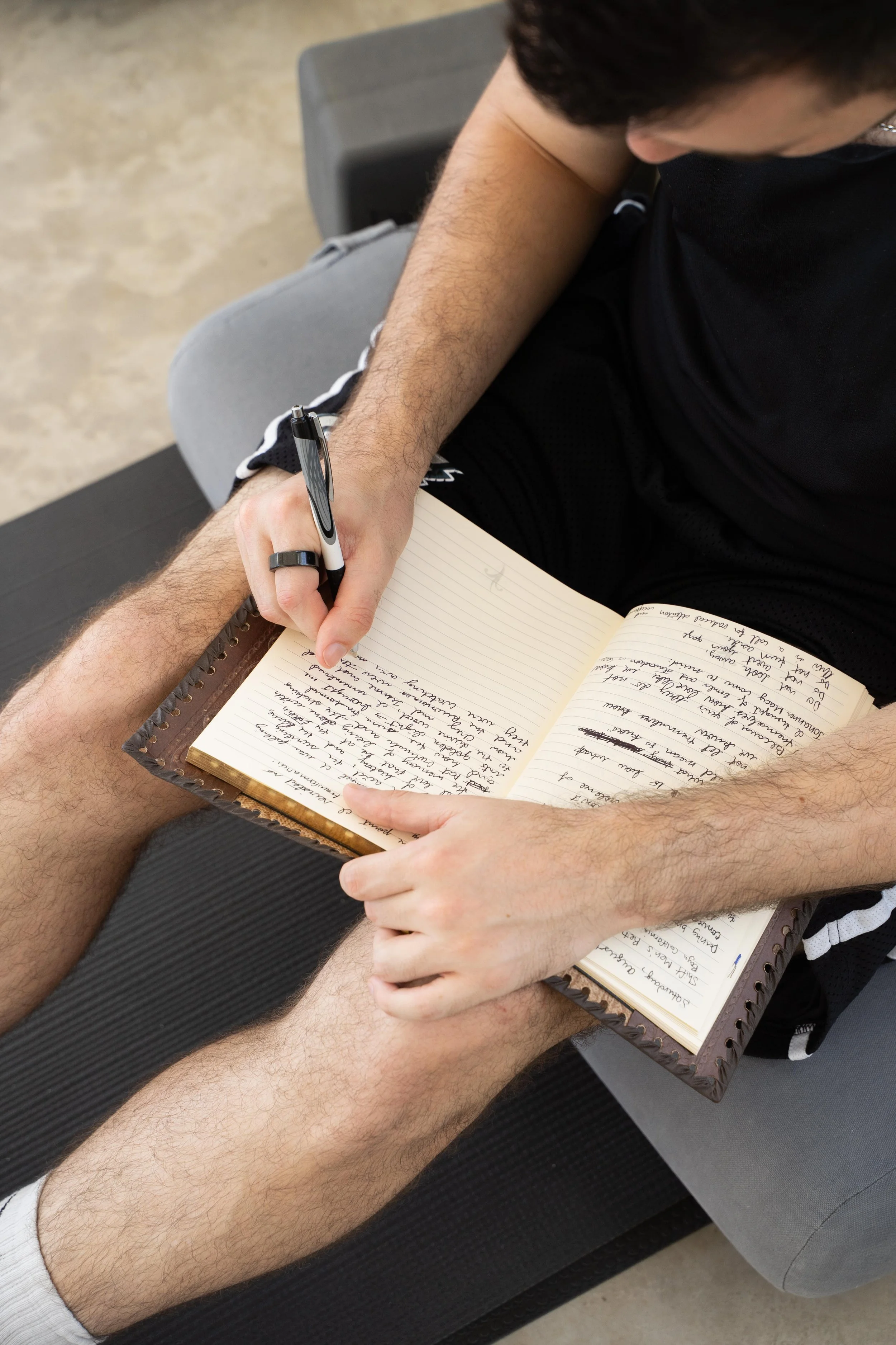 Reflective journaling at SHIFT Men’s Retreat, a somatic wellness retreat for men exploring emotional healing and relational patterns.