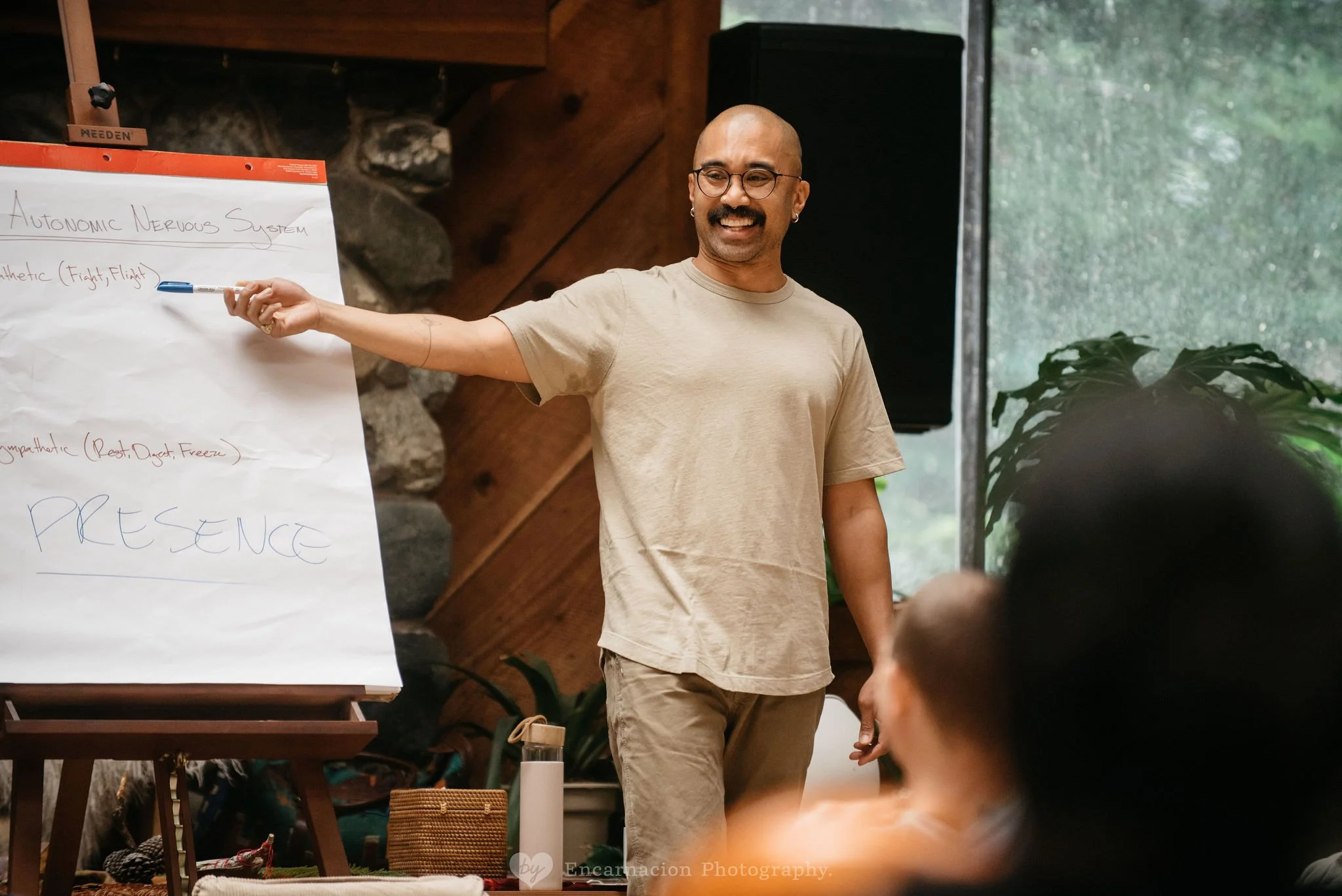 Mike Sagun a somatic experiencing practitioner and men's coach teaches men at a men's retreat.