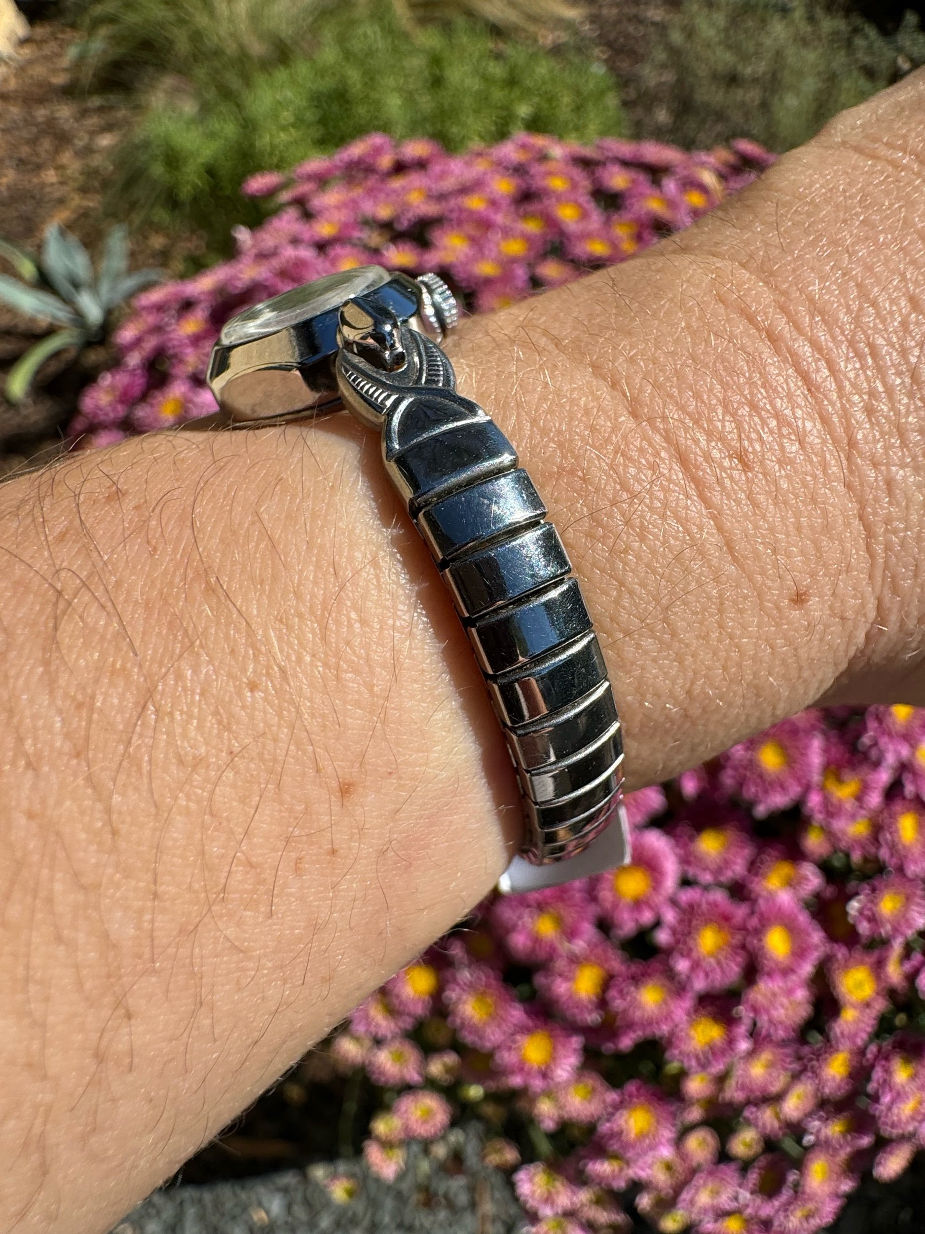 Side view of Timex mechanical watch, highlighting the silver case and 24-hour timekeeping capability