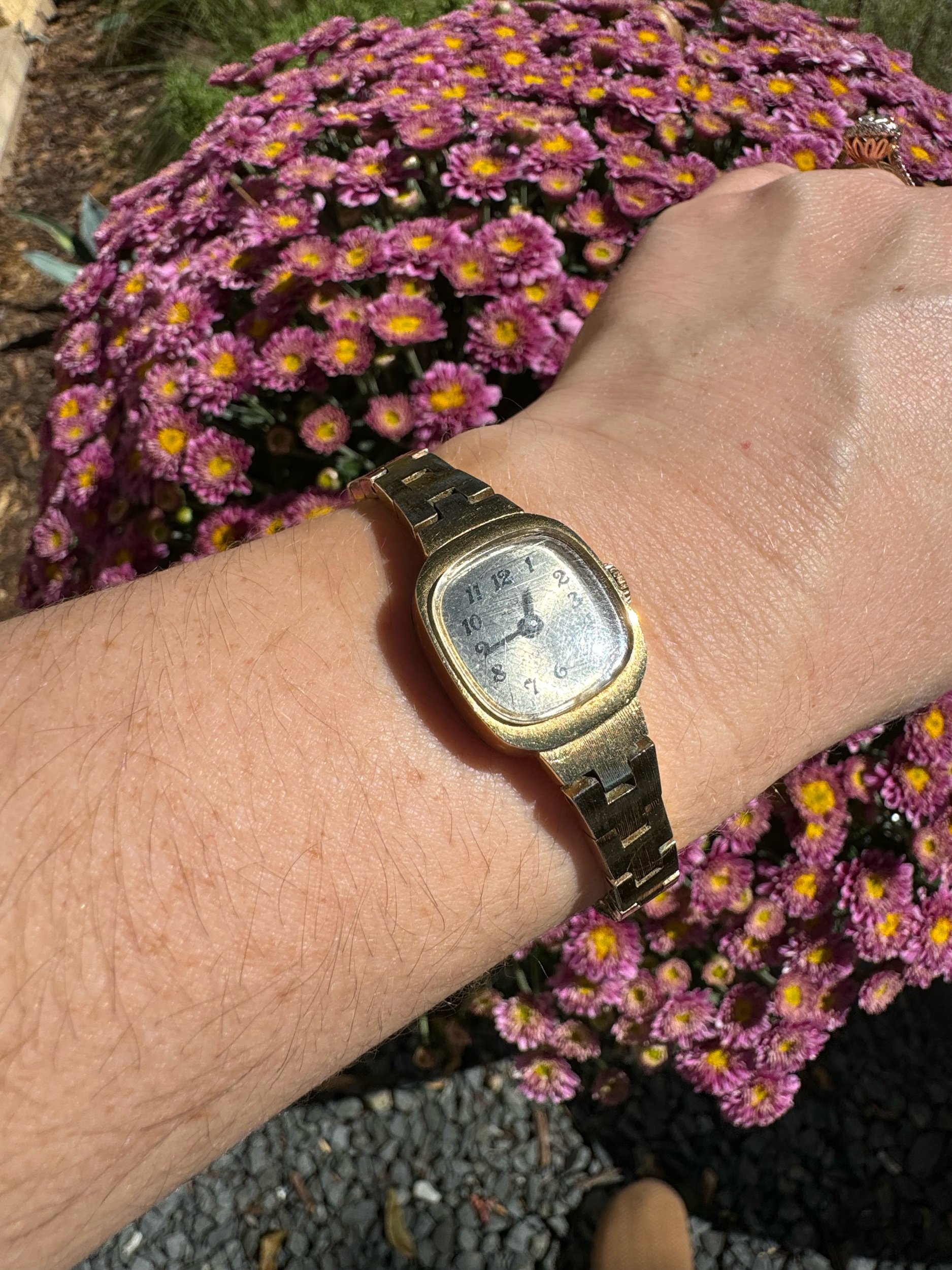 Vintage gold Helbros mechanical watch with classic design, keeps time for 24 hours with one wind