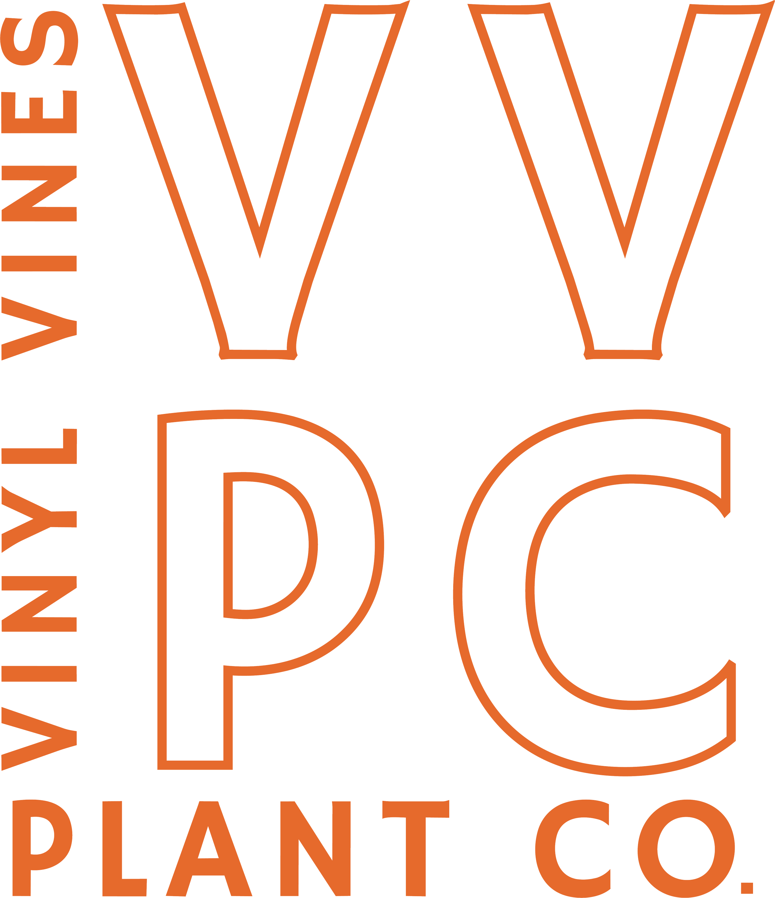 Text in orange says 'VVPC and vinyl vines plant co', serving as a sublogo for a plant company.