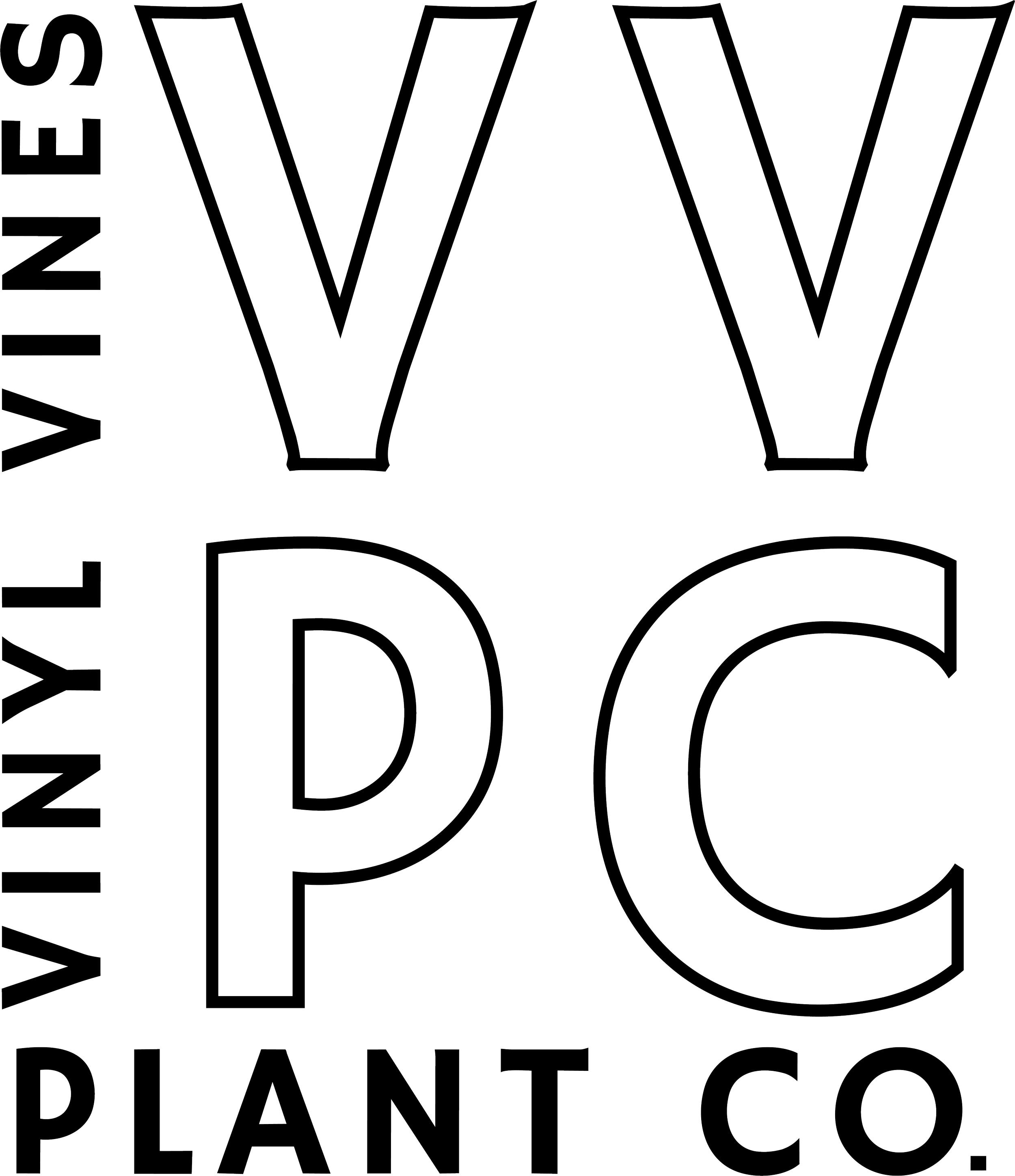 Outline of large letters spelling out "VVPC" and smaller text reading "VINYL VINES PLANT CO." vertically along the left side. The background is black.