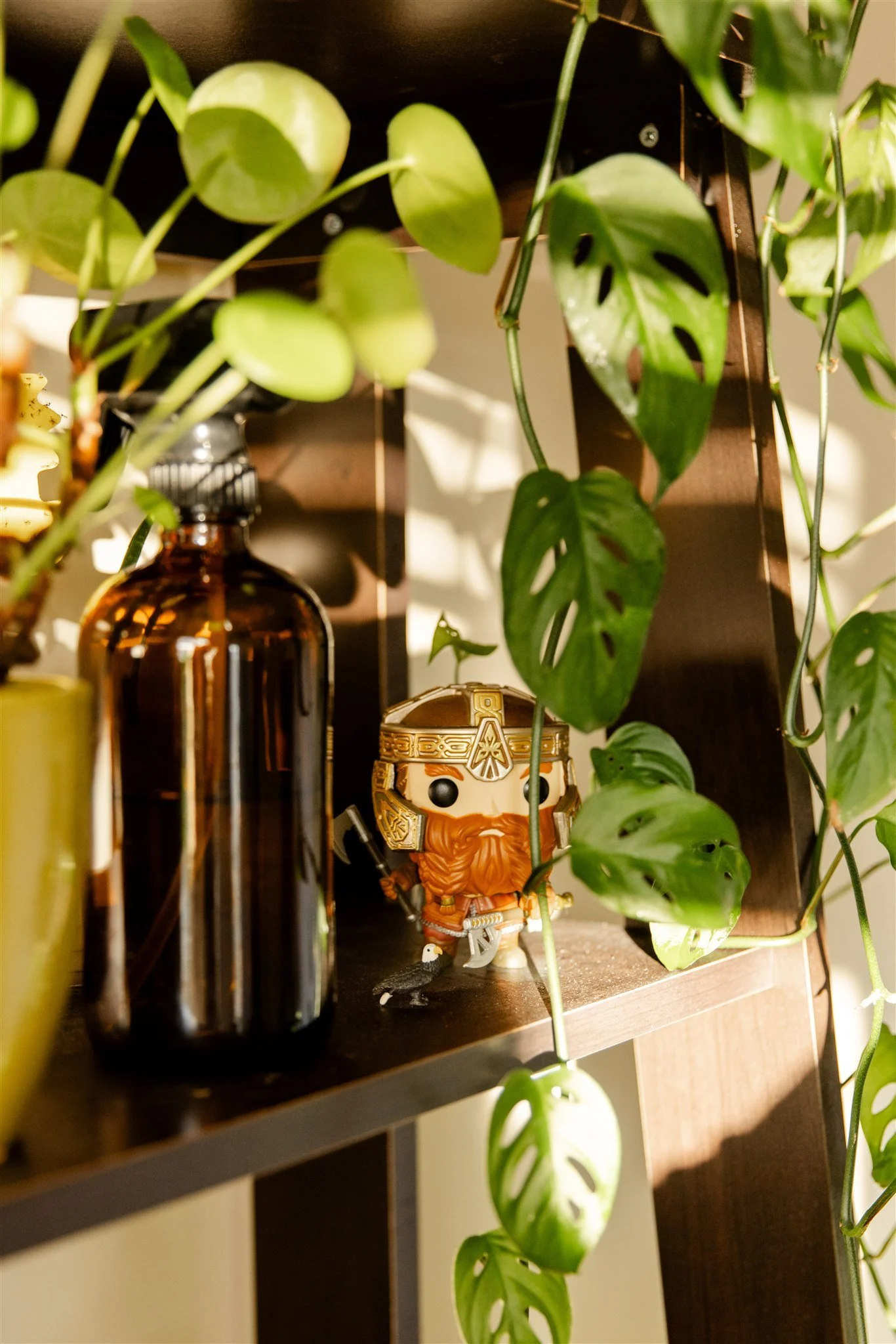A shelf with green leafy plants, a small figurine with a beard and a helmet, a brown glass bottle, and a yellow container.