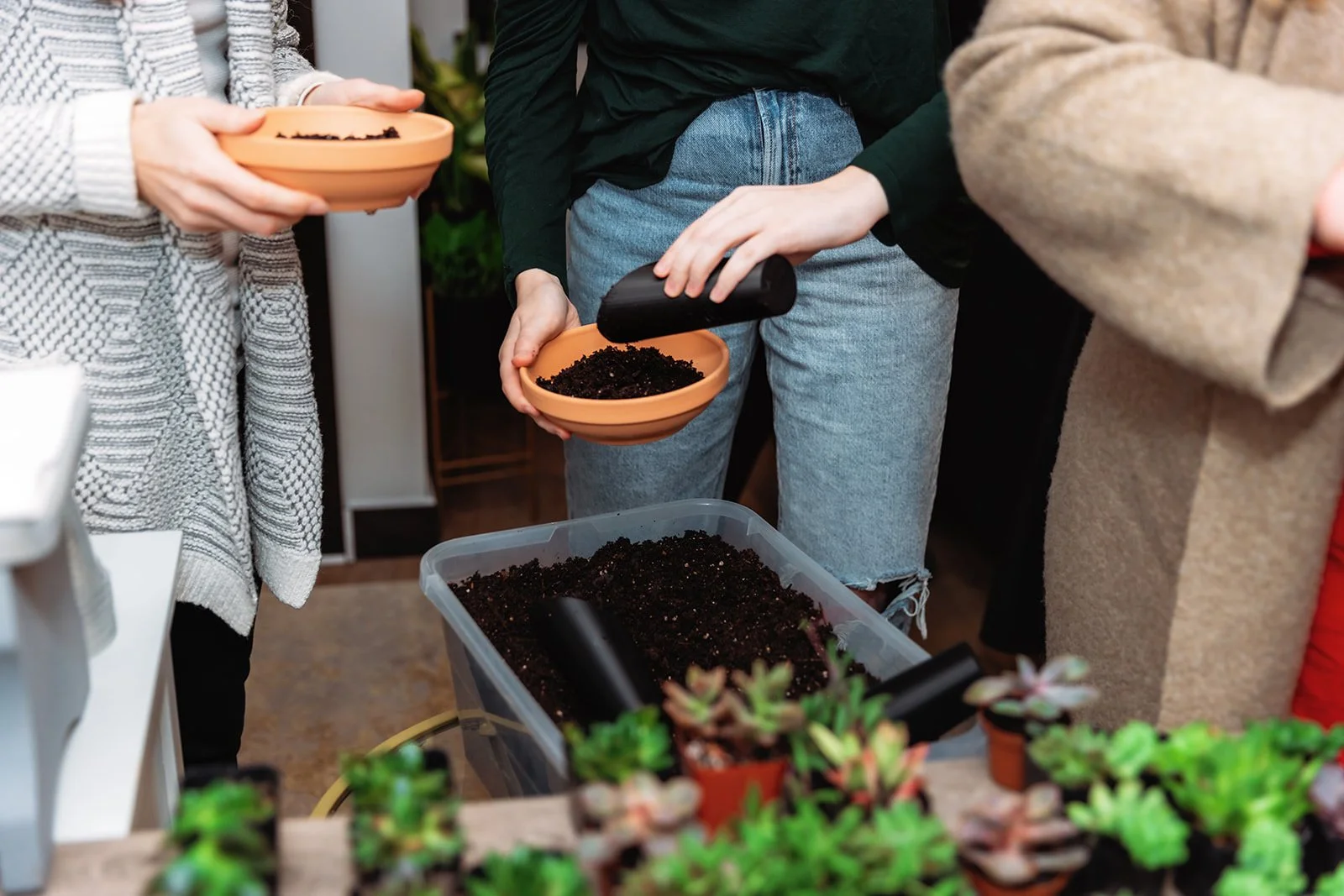 People filling small bowls with soil from a large container using scoops at a gardening or planting event.