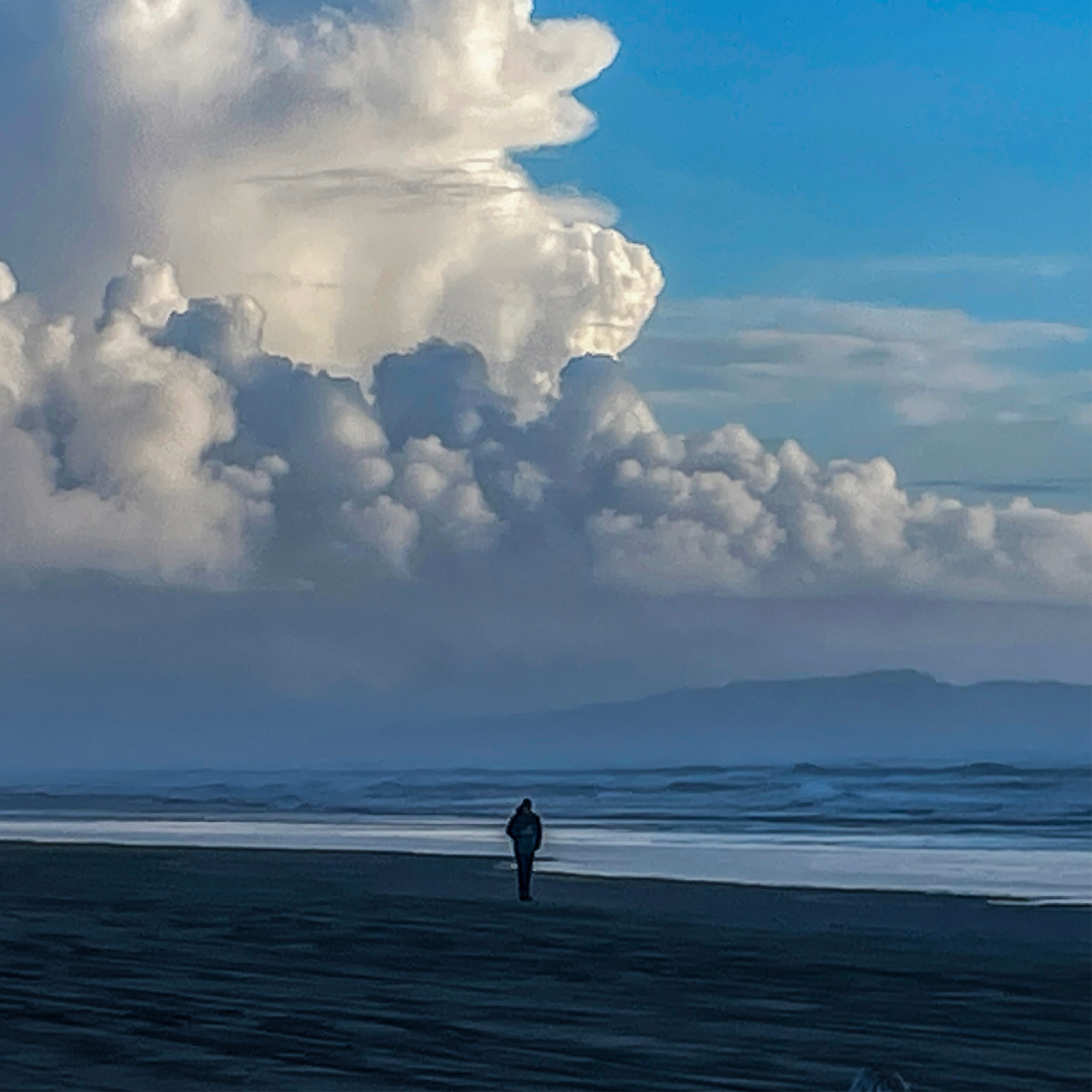 A person standing alone on a beach with a cloudy sky overhead.