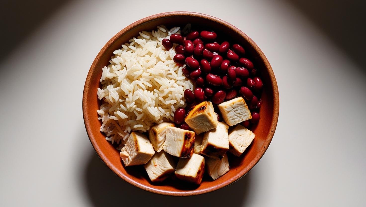 a rice protein bowl with jasmine rice and red beans and either chicken or tofu.jpg