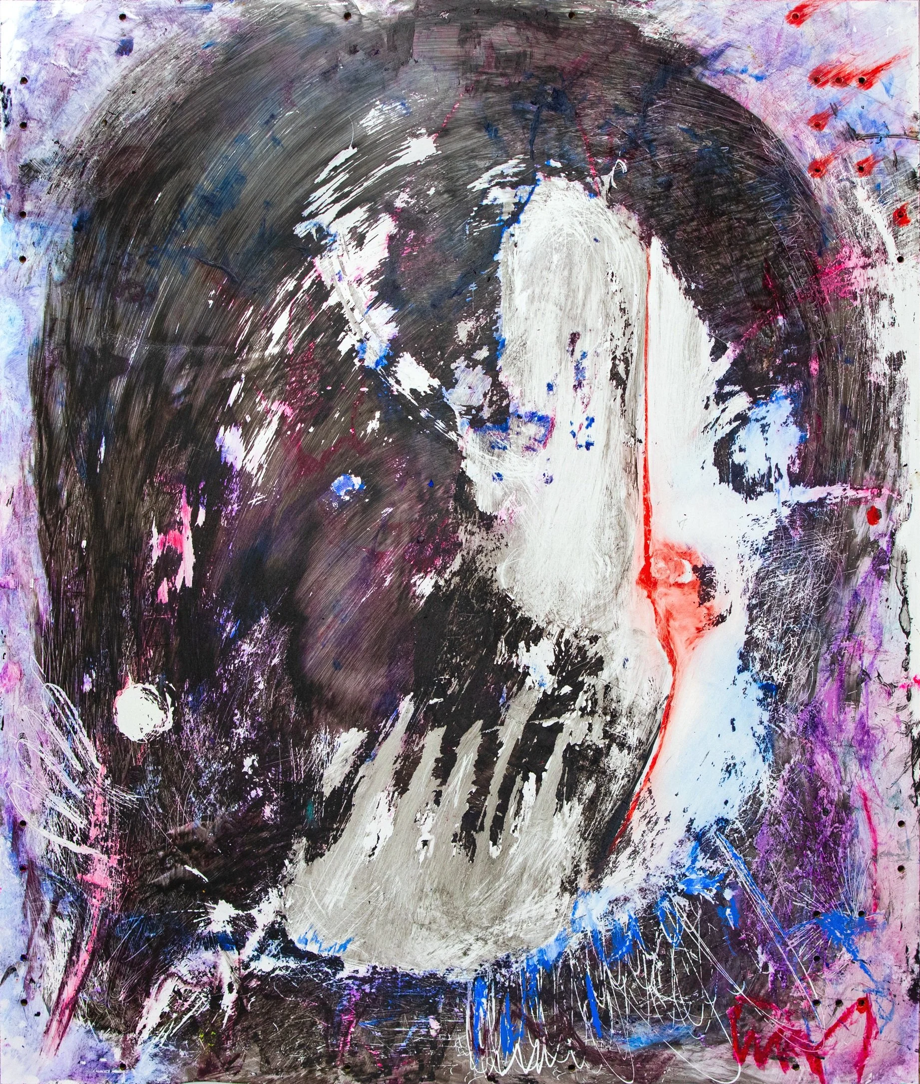 Abstract mixed media painting with gestural brushstrokes in black, white, and purple tones, featuring a bold red vertical mark. Textures and scratches create a sense of motion and emotional intensity.