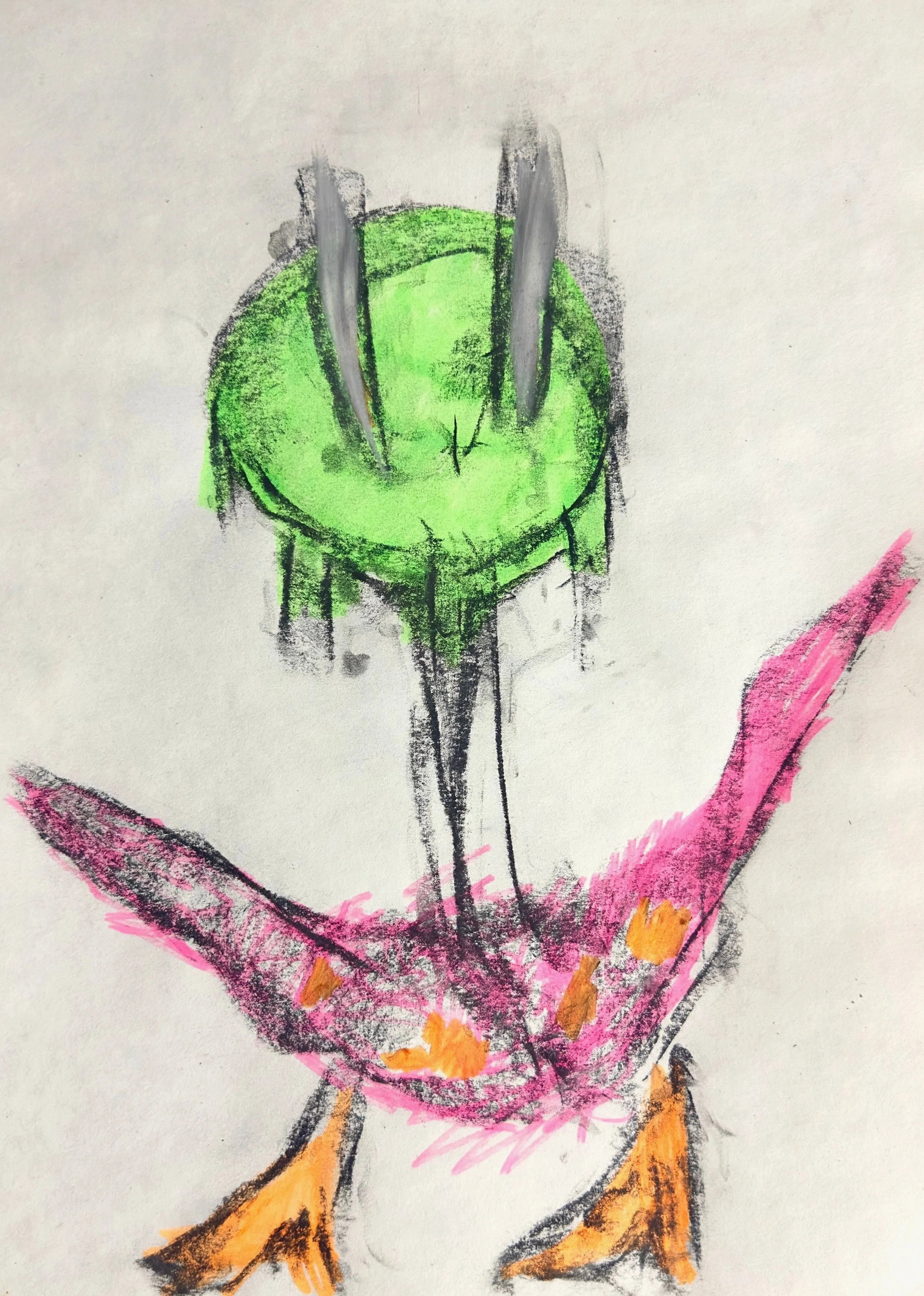 Abstract mixed media drawing of a fashionable duck-like figure with exaggerated features, wearing a bold, high-fashion outfit. The duck appears ghostly or phantom-like, with expressive pastel strokes and a surreal, edgy aesthetic.
