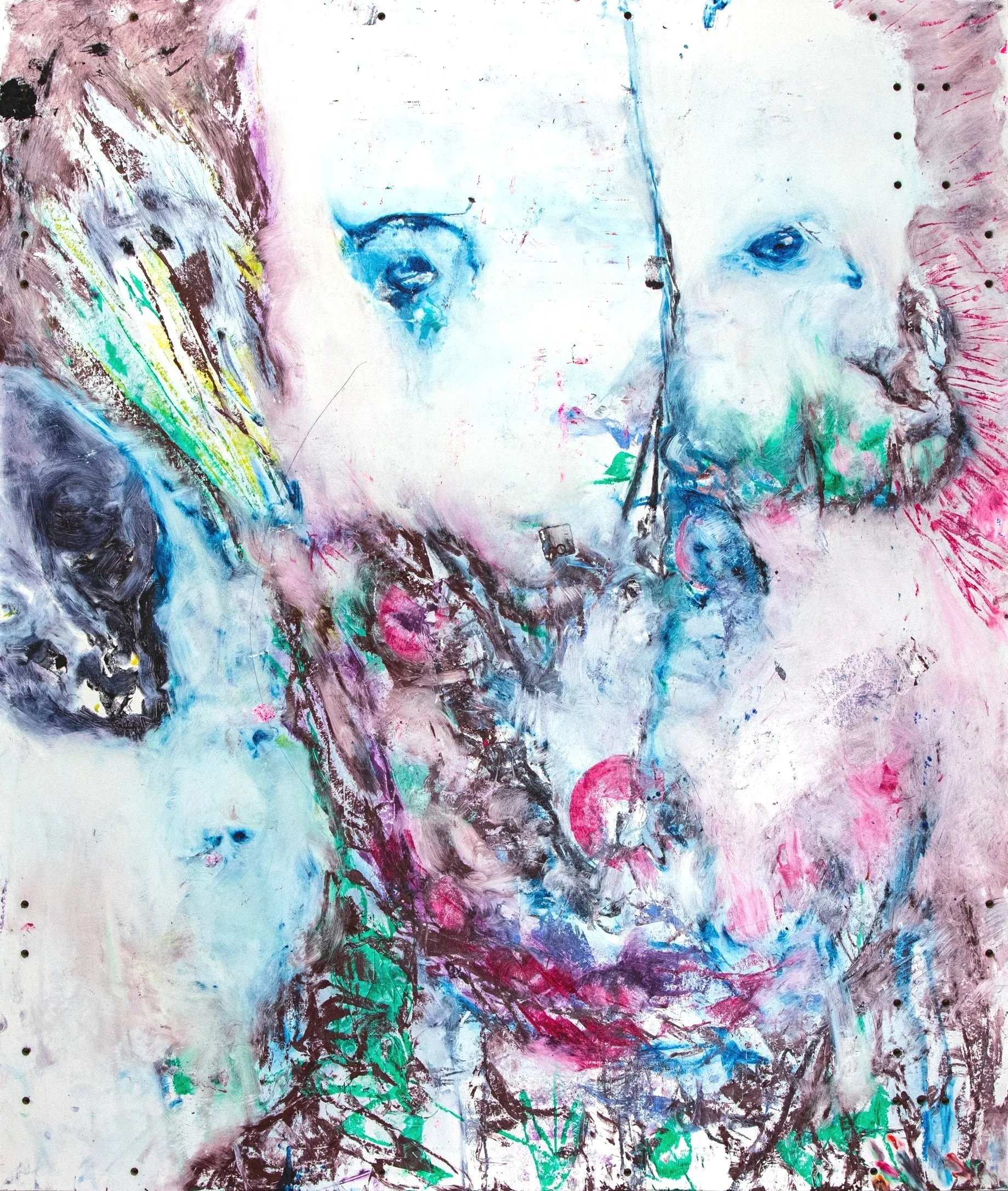 Abstract mixed media painting with pale, spectral figures emerging from a textured surface. Blue, green, pink, and violet tones blend with layered marks and rough graphite lines, suggesting presence, fragmentation, and emotional depth.