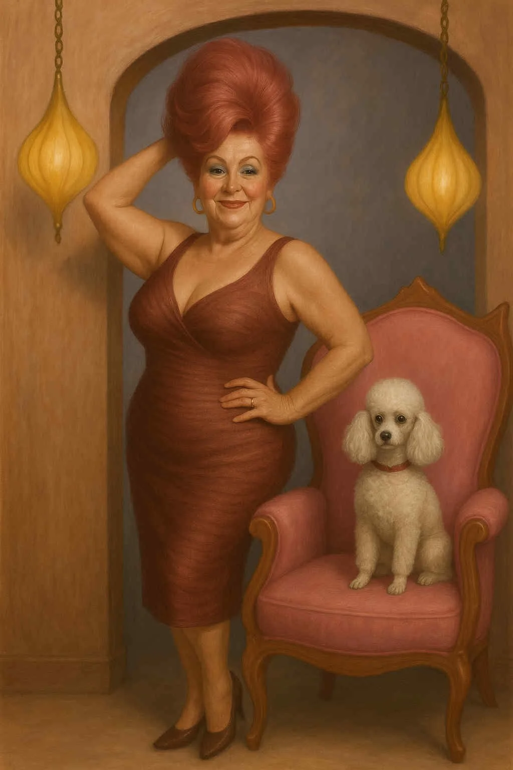 A drawing of a woman with pink hair in a dress, standing next to an armchair with a cat sitting on it, next to a window with hanging lamps, with an artist's signature and palette below.