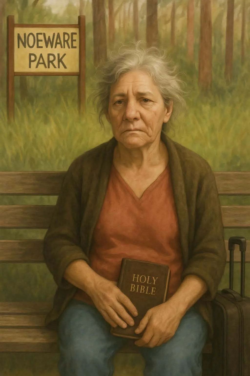 A hand-drawn picture of a person standing in front of a sign that says "Nogee Wre Park" with a wooded background. There is also a small drawing of a dinosaur with red spots and a green tail near the person's right side.