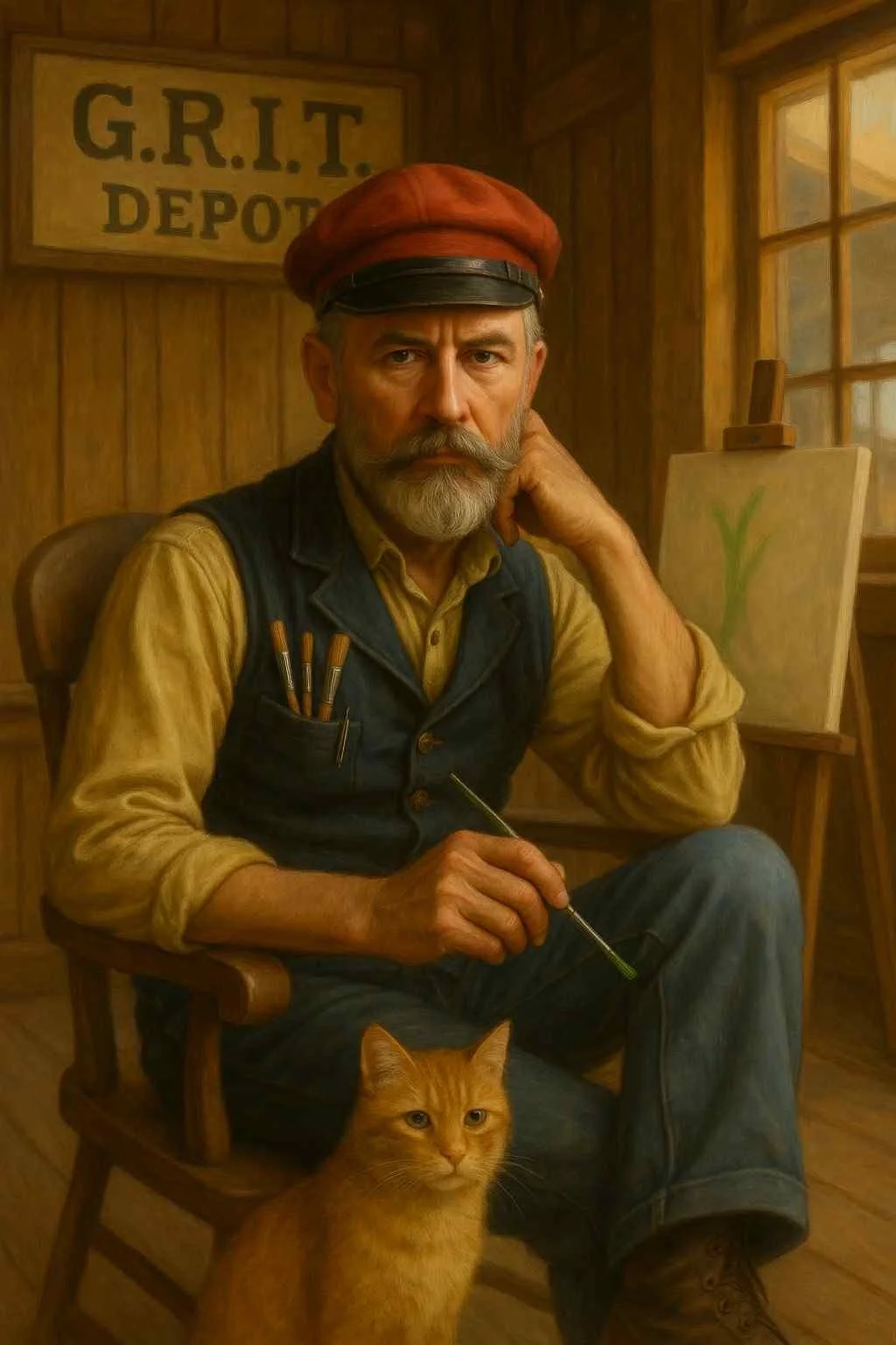 Watercolor painting of an artist standing in an art studio, holding a paintbrush, with a painting of a tree on an easel, various colorful paint tubes on a shelf, and a sleeping orange cat on the floor.