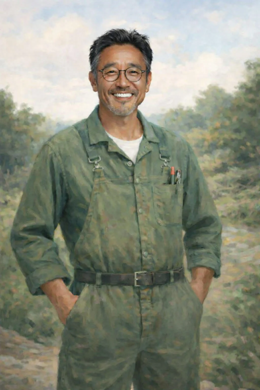 A painting of a woman with short dark hair, wearing glasses, a white blouse with black buttons, and gray pants, standing in front of a beige background with a blue sky or window at the top. The woman is smiling slightly, with her right arm extended down, holding a black purse or bag.