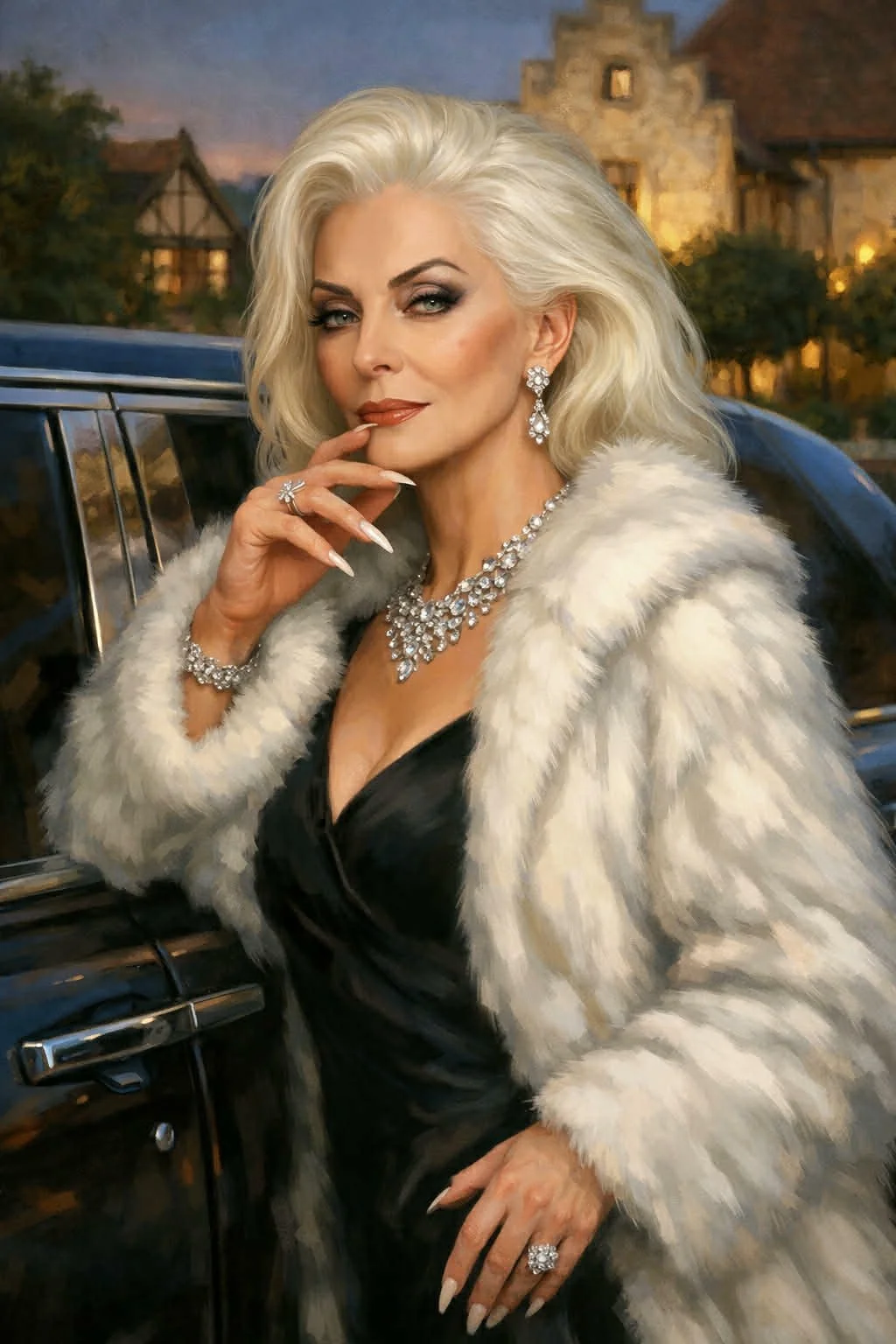 A painted portrait of a woman with shoulder-length brown hair, wearing a black top, sitting on a pink background with a blue sky backdrop.