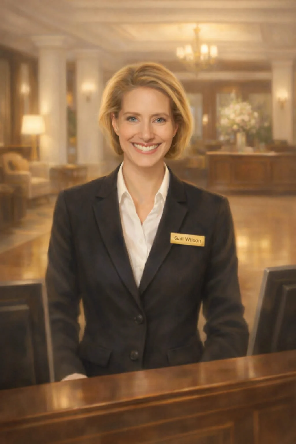 A portrait of a woman with short yellow hair, pink cheeks, and blue eyes, wearing a blue jacket with a pin on the lapel.