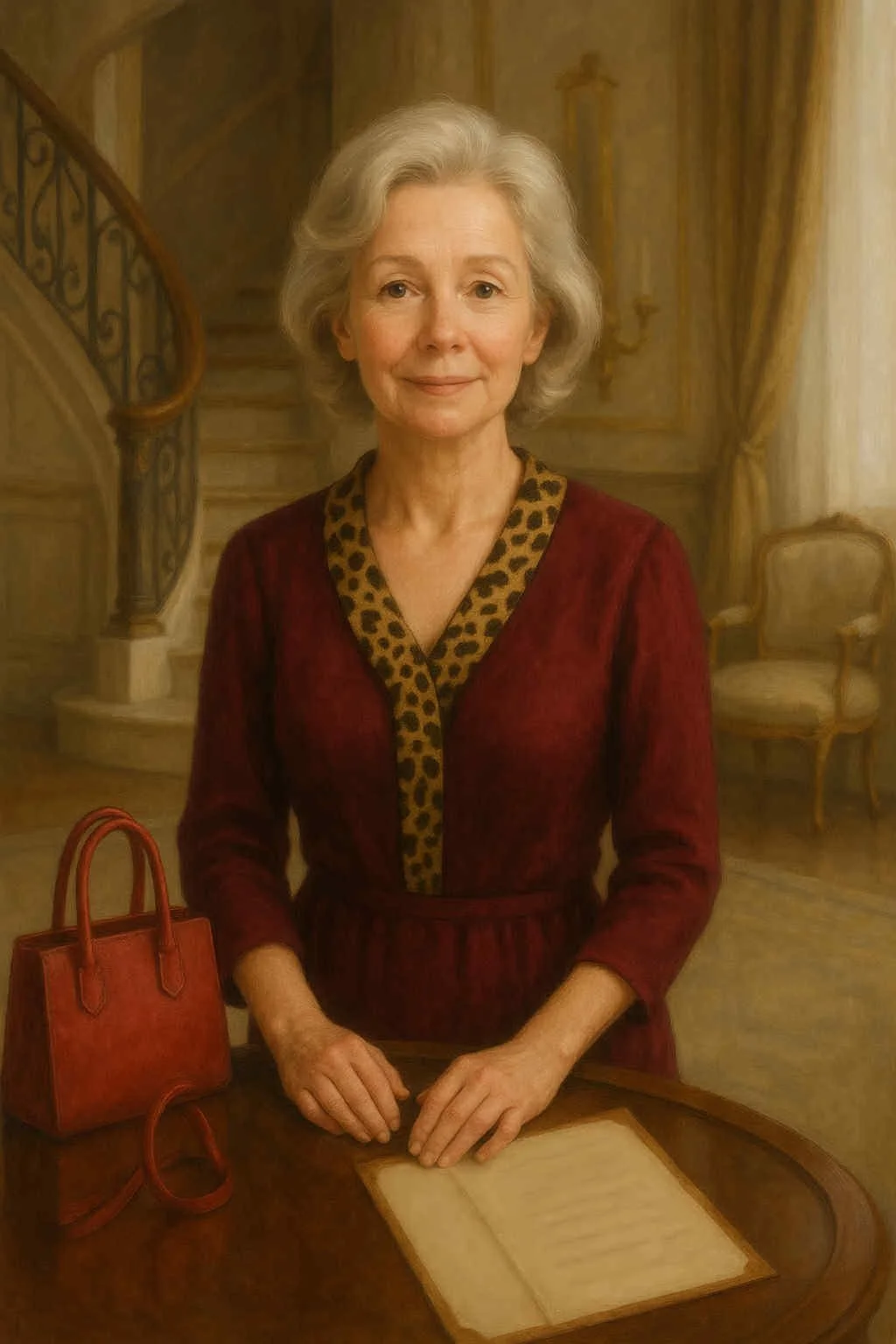 A drawing of a woman in a red dress with a leopard print collar, standing behind a counter with shopping bags and a menu, labeled "Shoppes on Paces."