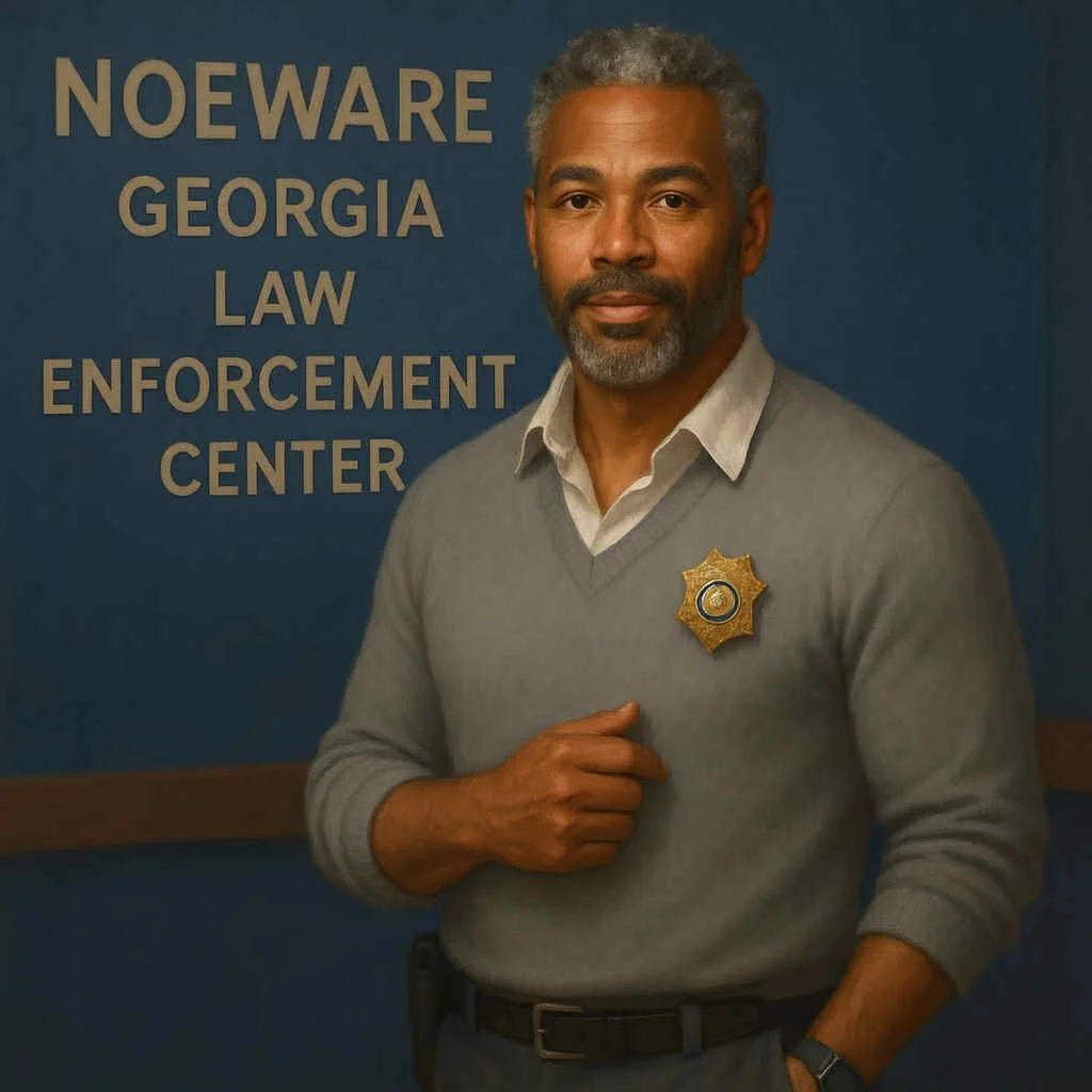 Painting of a woman with gray hair, wearing a gray and white sweater, set against a dark blue background.