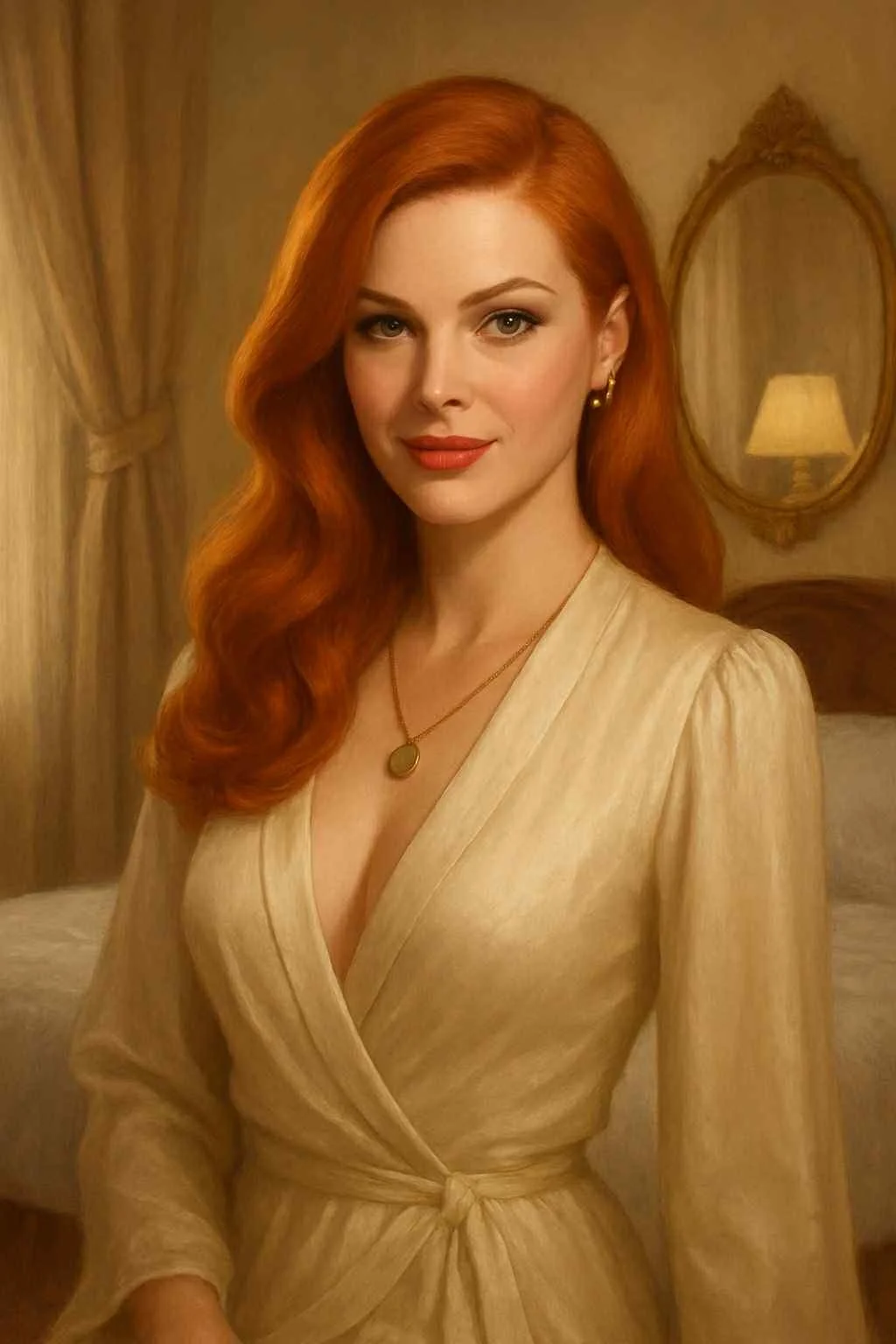 A hand-drawn portrait of a woman with long red hair, wearing a blazer, a necklace with a pendant, and earrings, smiling with visible teeth.