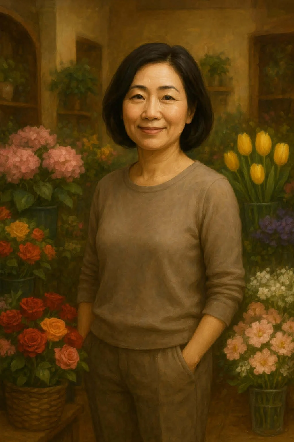 A painted portrait of a woman with short black hair, pink lipstick, and a yellow background.
