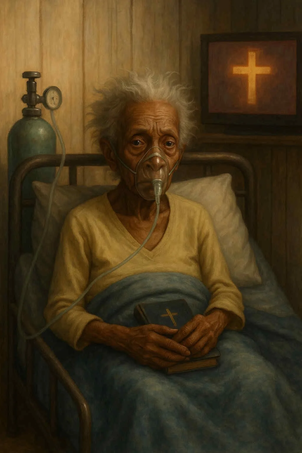 A hand-drawn illustration of a bedroom with a woman lying in bed, holding a phone, and a dog lying on the carpet. There is a clock on the wall, a bookshelf with books, and a box labeled 'HELP.'