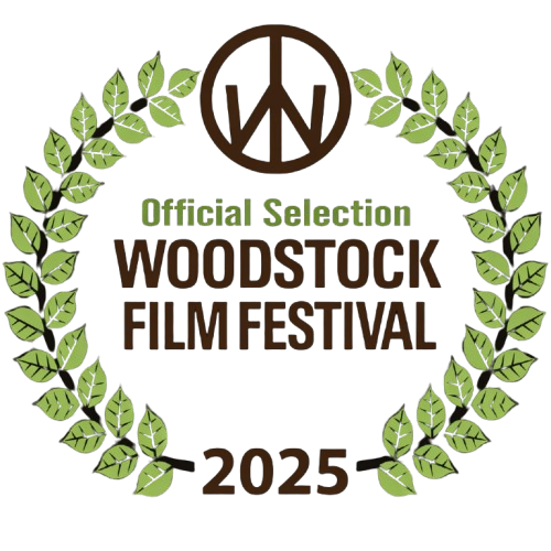 Official selection logo for the 2025 Woodstock Film Festival with a peace sign at the top, surrounded by a laurel wreath