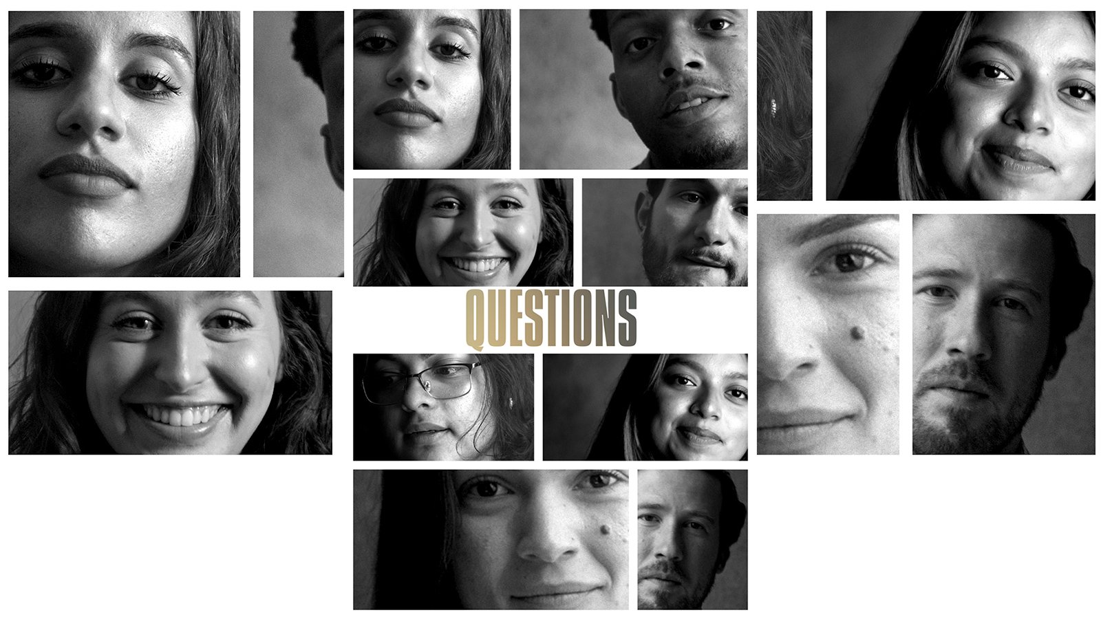 Collage of black and white portraits of diverse individuals with the word "QUESTIONS" in the center.
