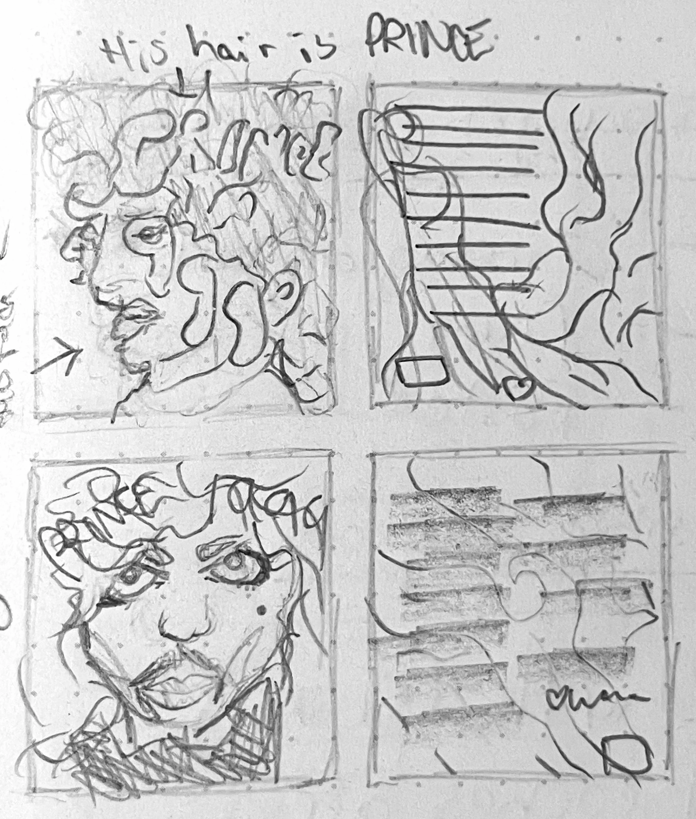 Four abstract pencil sketches on a grid. Top left features a face with curly hair, labeled "his hair is PRINCE." Top right shows abstract lines and shapes. Bottom left depicts a detailed face with text "PRINCE TO AGG." Bottom right contains striped patterns and wavy lines.
