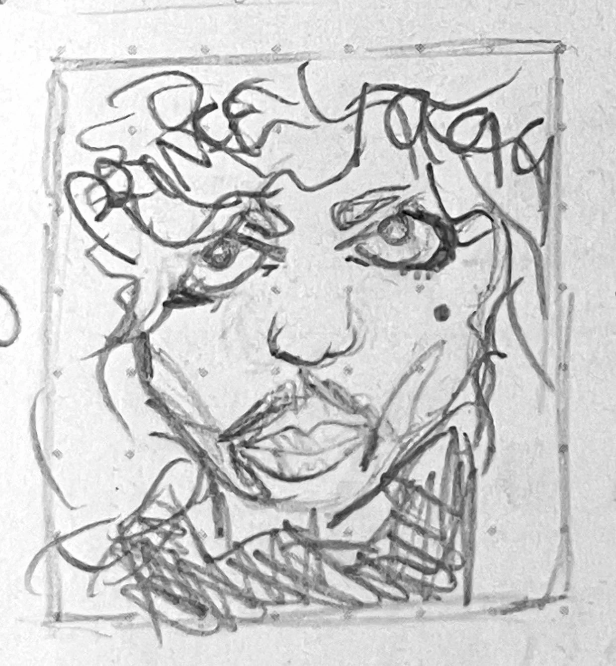 Abstract pencil sketch of a face with stylized hair and large eyes.