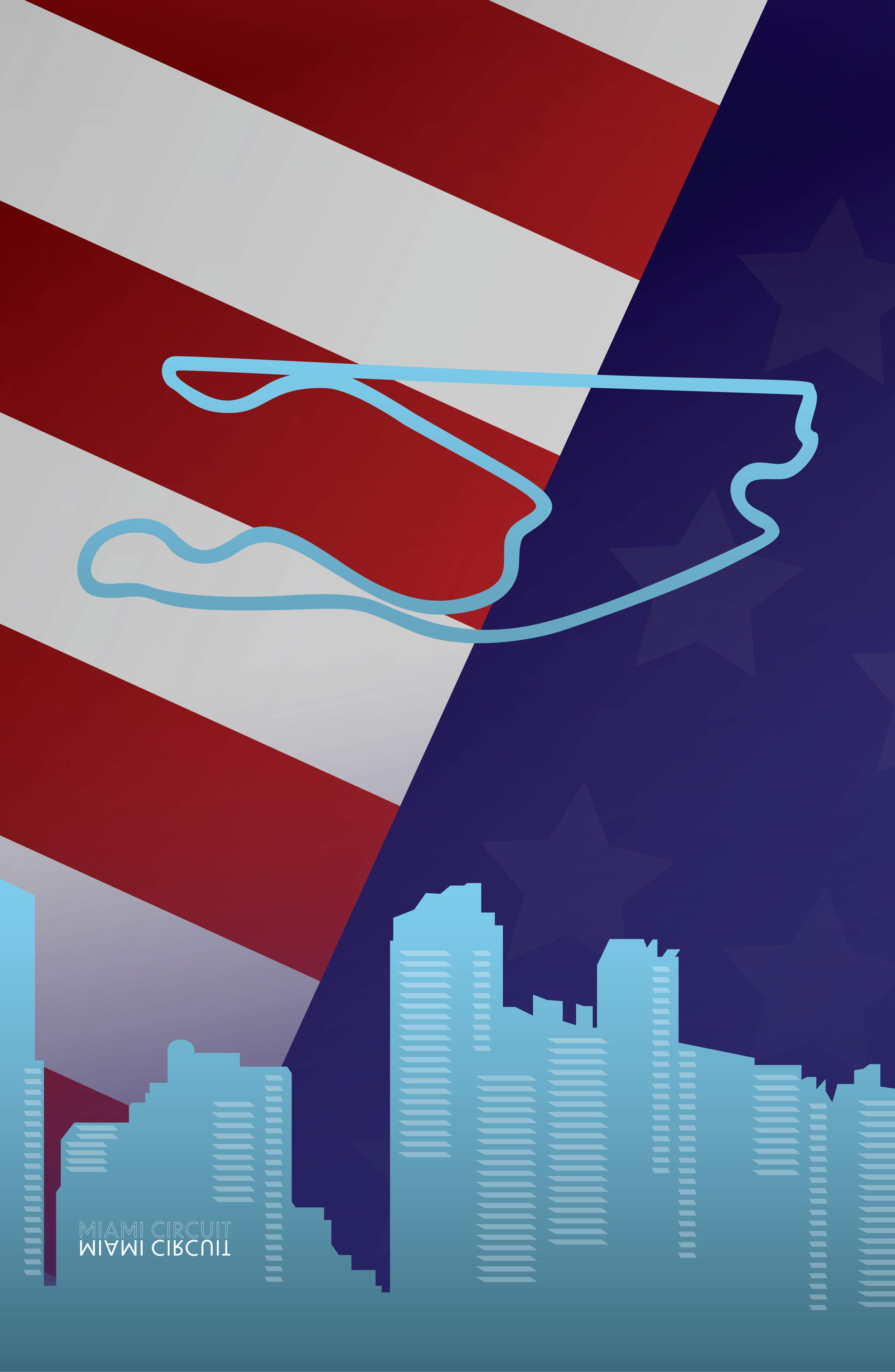 Illustration with Miami skyline, outlined race track, and American flag background.