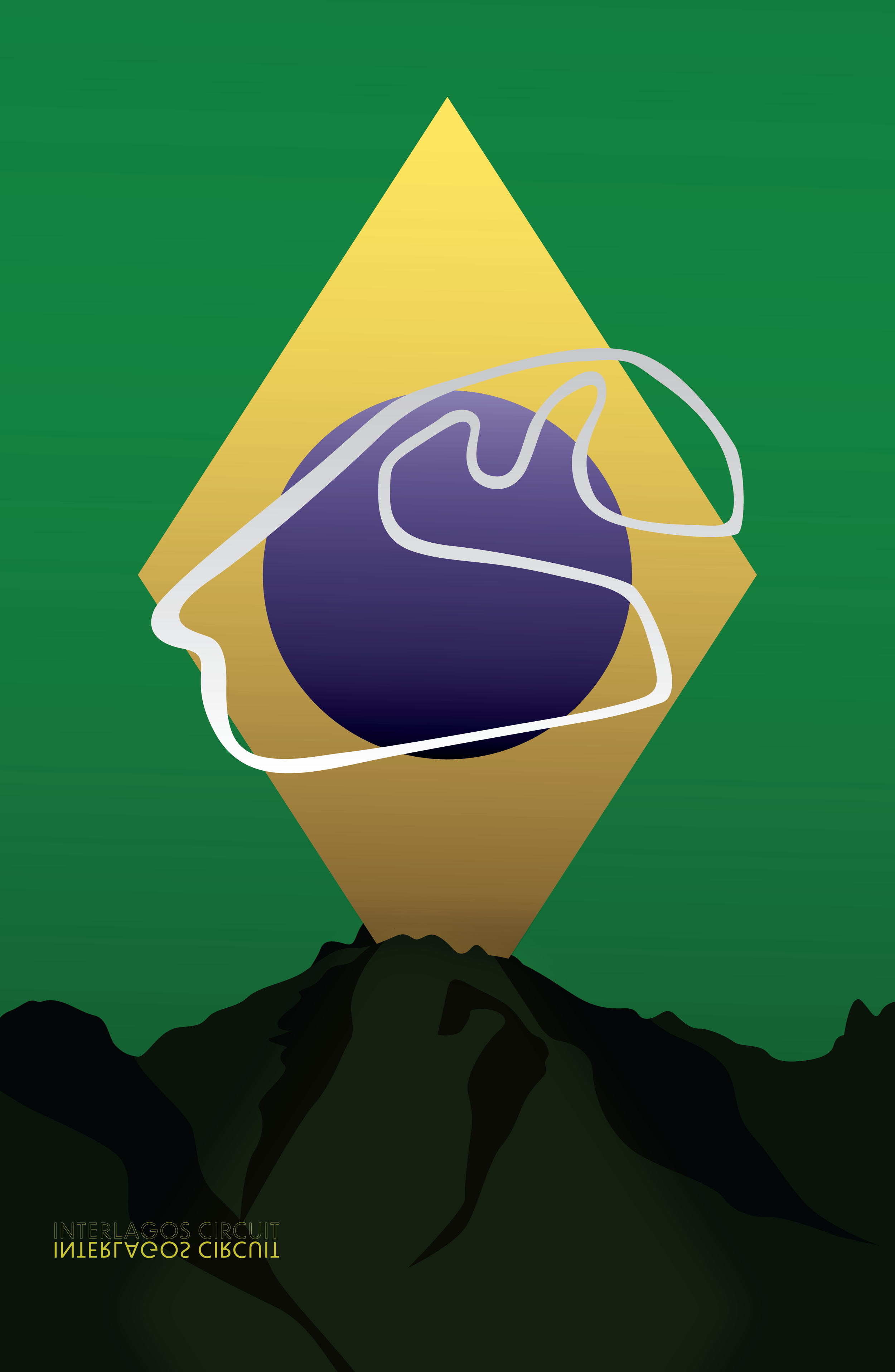 Illustration of the Brazil flag with a white outline of the Interlagos Circuit over a blue circle, set against a green background and darkened silhouette of mountains at the bottom.