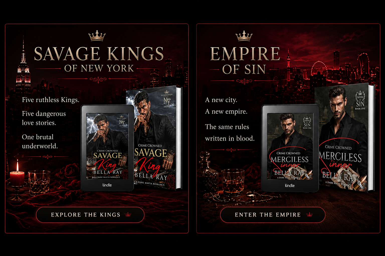 Book covers for Bella Ray's dark mafia romance series Savage Kings of New York and Empire of Sin, featuring brooding mafia king heroes against a New York City skyline.