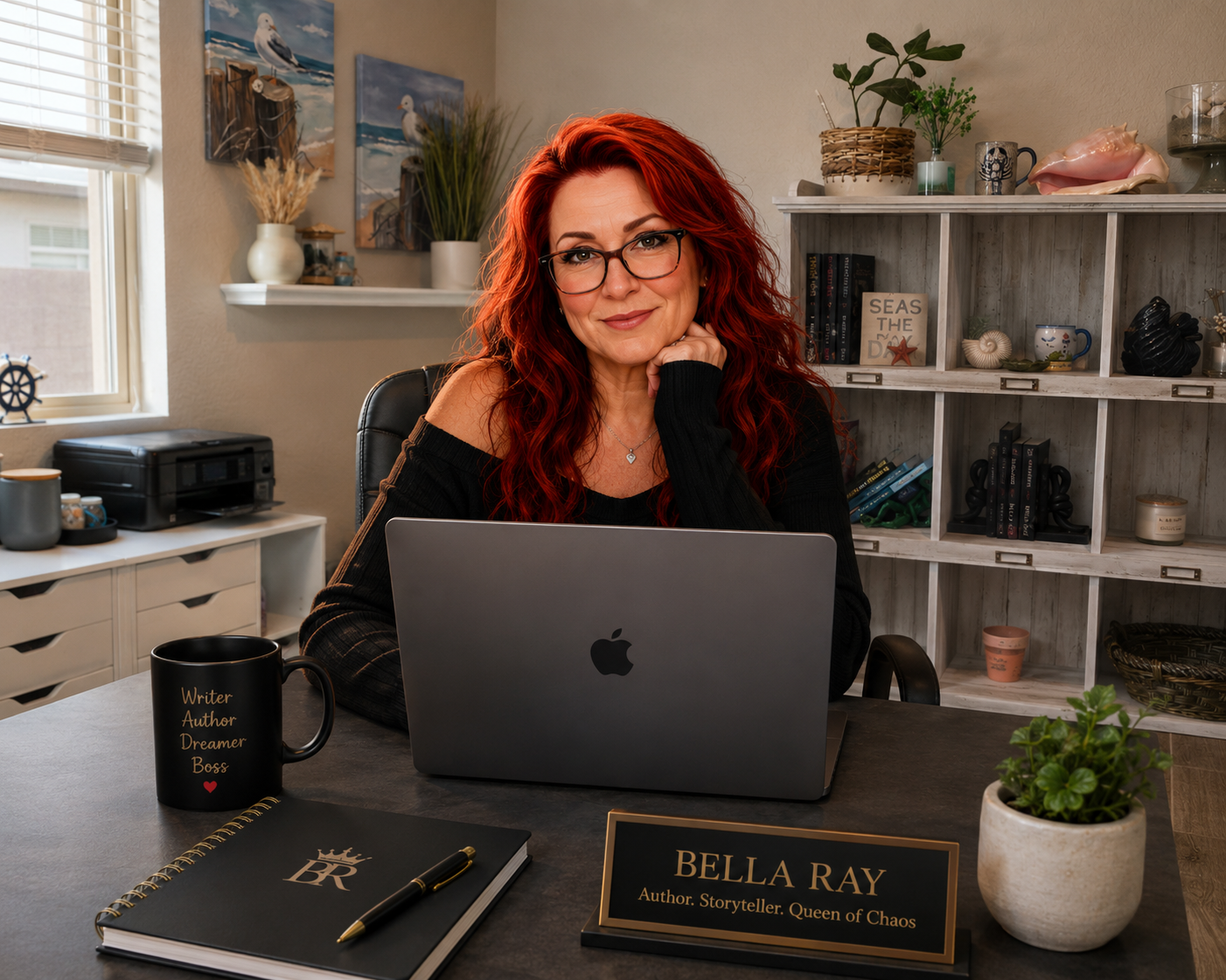 Bella Ray, dark mafia romance author, working at her desk with a laptop in her home office, inviting readers to join her newsletter, the Savage Queens.
