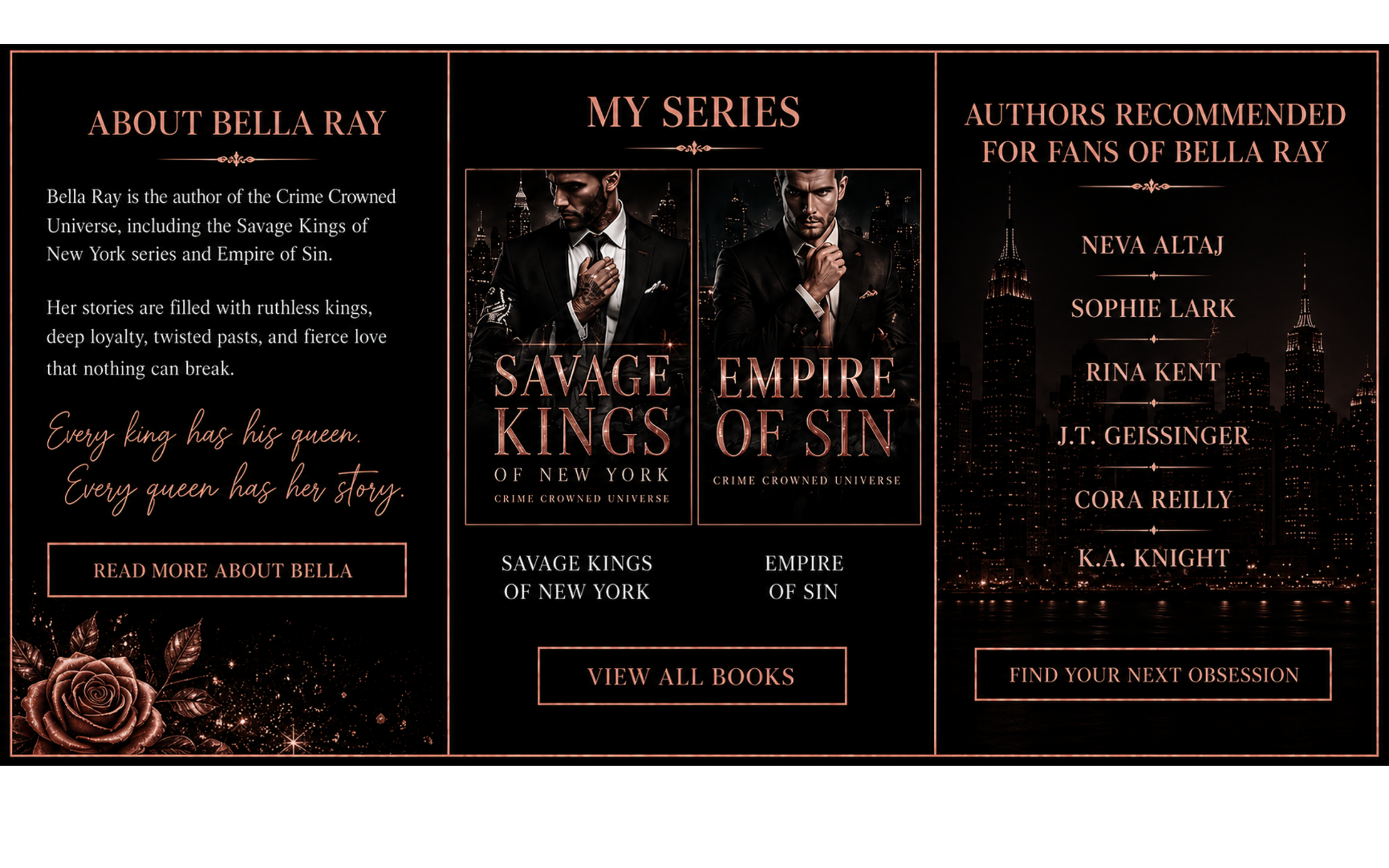 Bella Ray author of the Crime Crowned Universe Savage Kings of New York and Empire of Sin Dark Mafia Romance with morally gray antiheroes and strong FMC