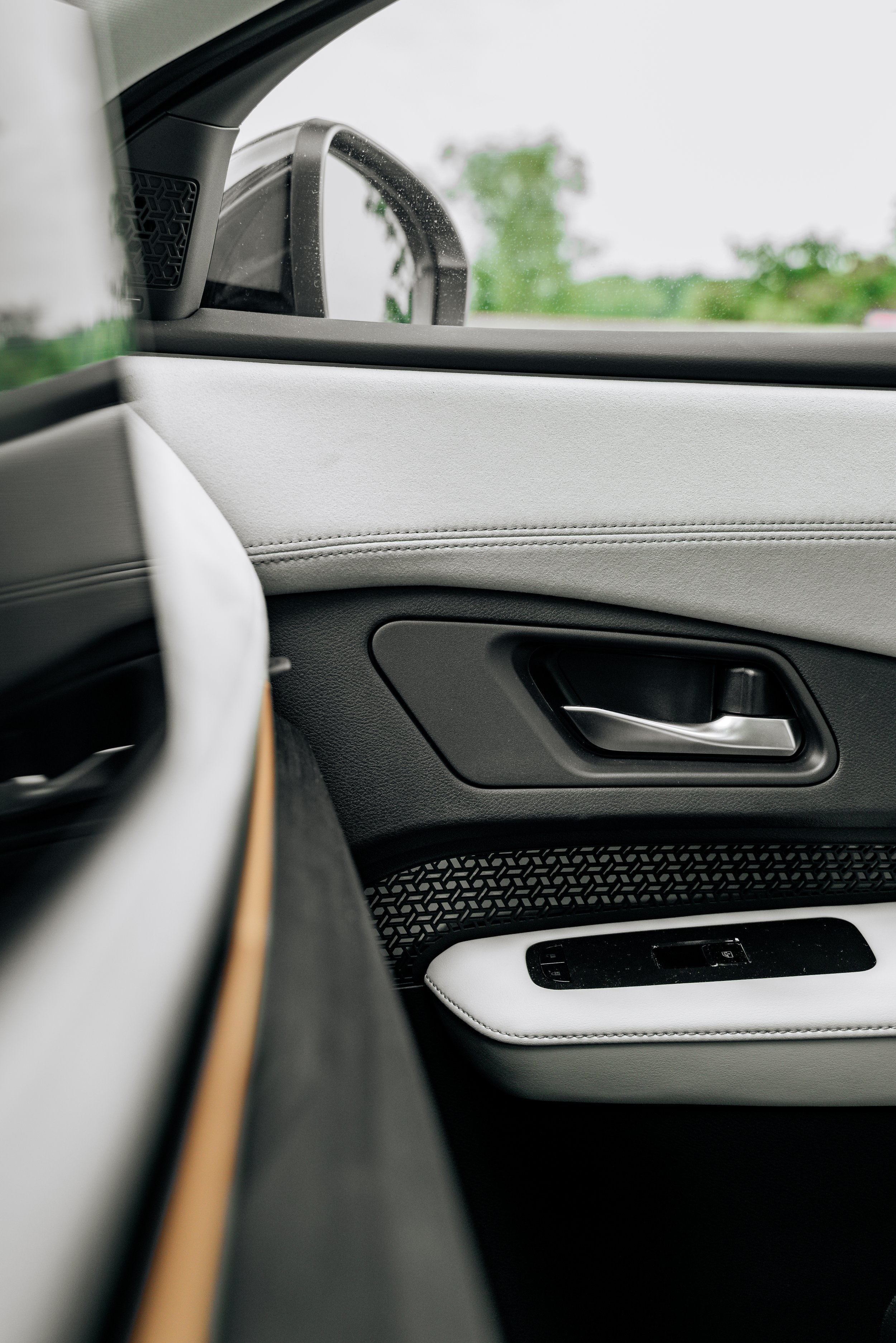 Interior of a modern car showing the door panel, window controls, and a view through the front windshield with a blurred green landscape outside.
