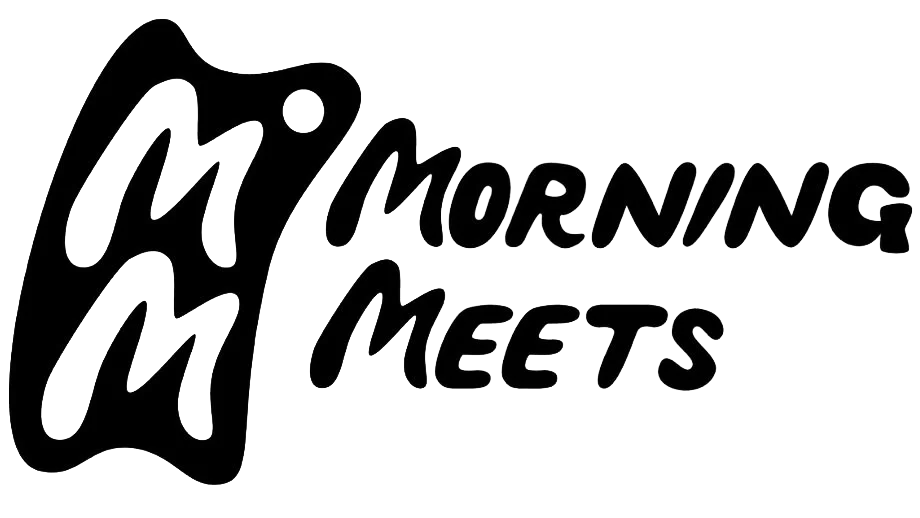 Stylized black and white logo with the words "Morning Meets" in a handwritten style, featuring a large abstract shape around the text.