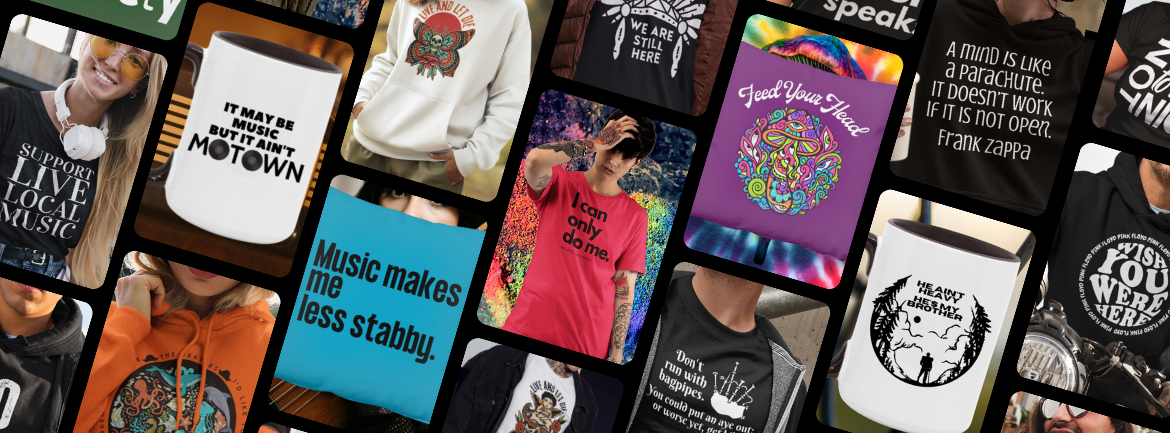 Photo with products from The Melomaniac, including T-Shirts, Mugs, Throw Pillows, and Sweatshirts for music lovers.
