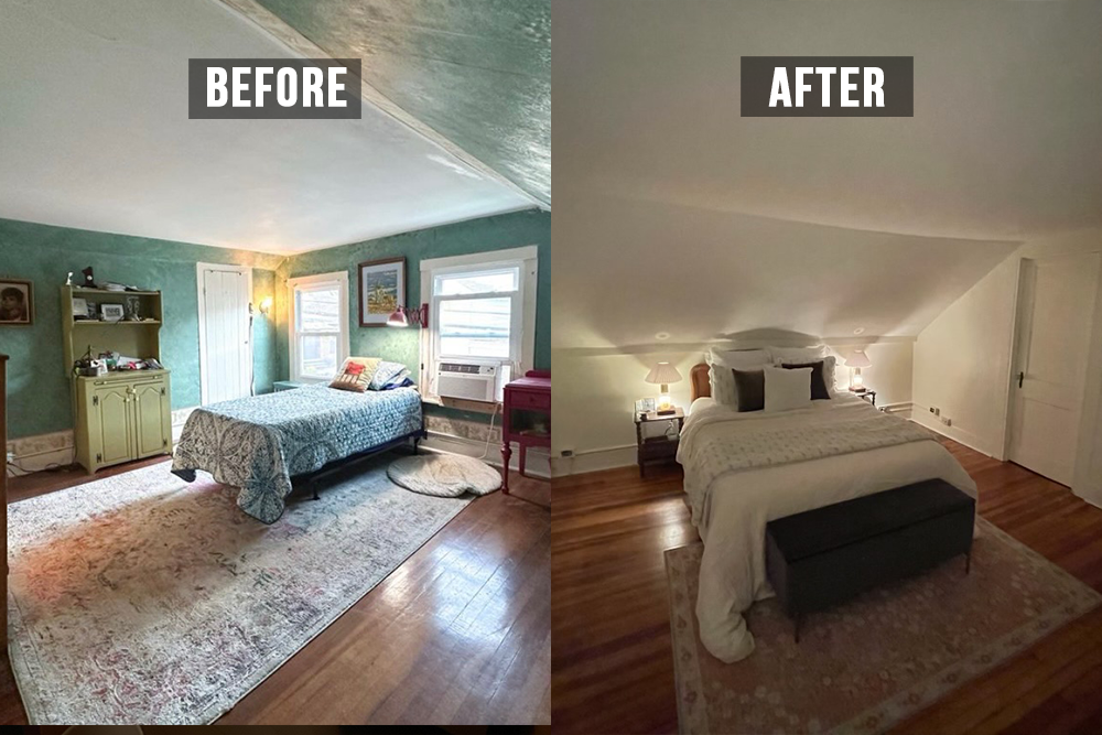 Side-by-side comparison of a bedroom before and after renovation. The "before" room has a green wall, a bed with a patterned blue cover, multiple windows, and vintage furniture. The "after" room has white walls, a neatly made bed with white and black pillows, and modern decor with table lamps on nightstands.