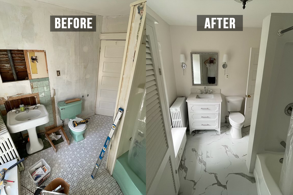 A bathroom renovation before and after comparison. The before side shows an outdated bathroom with peeling paint, a small sink, and a toilet with a makeshift setup. The after side displays a modern, clean bathroom with a white sink vanity, a mirror, a toilet, and marble-style floor tiles.