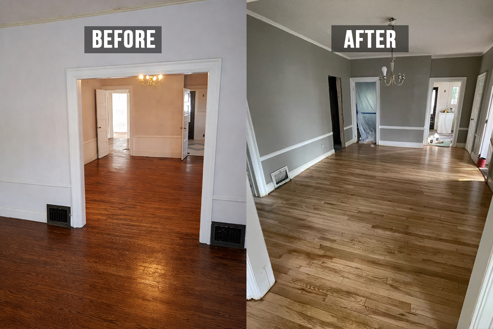 Side-by-side comparison of a room's floor before and after refinishing; the before side shows darker, older wood flooring, while the after side shows lighter, freshly refinished hardwood flooring.