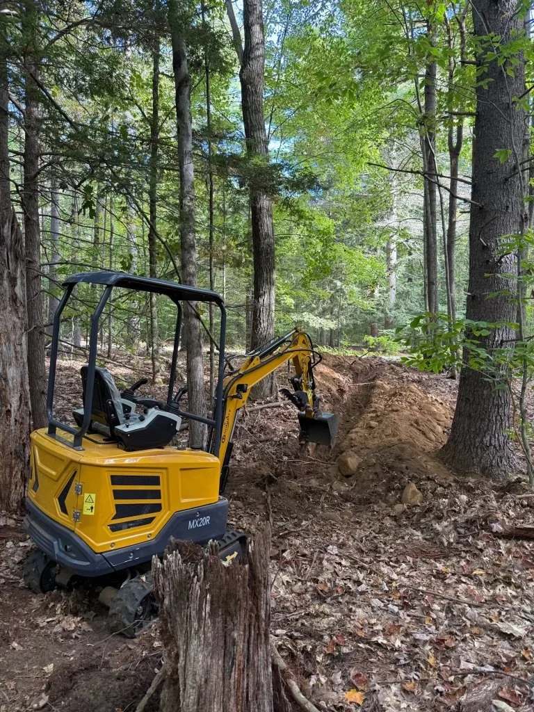 A yellow mini excavator working in a wooded forest, digging into the ground with a small bucket attachment.