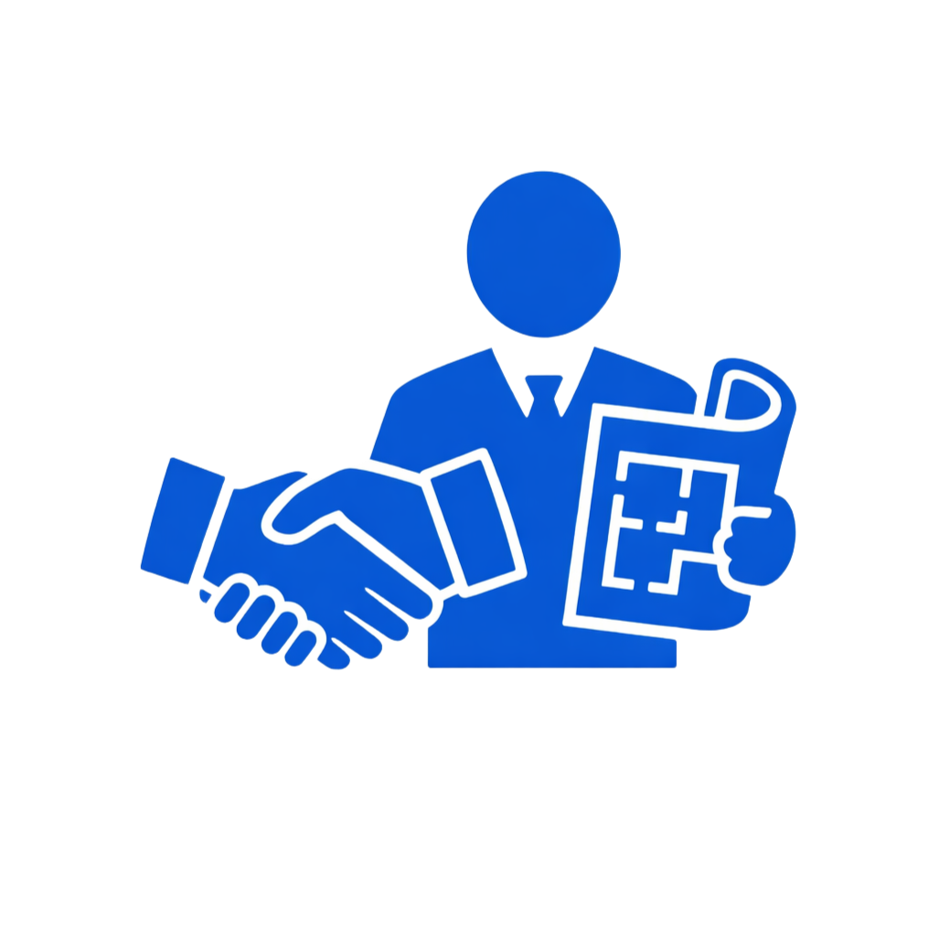Icon of a person in a suit holding a blueprint and a coffee mug, shaking hands with another person, symbolizing business or real estate agreement.