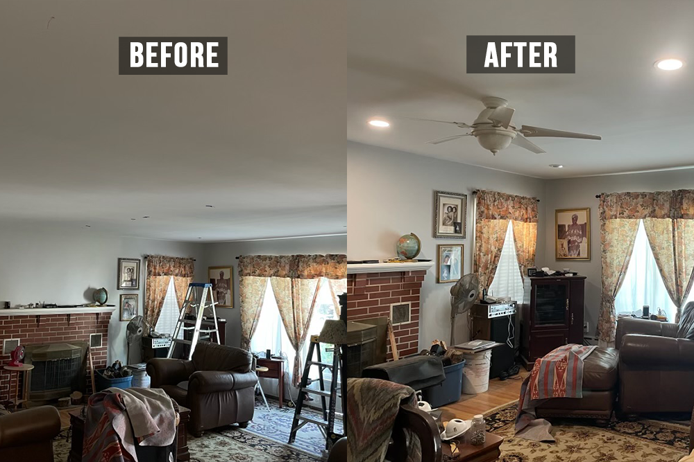 A living room shown in a before and after comparison. In the before photo, the ceiling is dusty and cluttered with items; there are ladders and a fan. In the after photo, the ceiling is cleaned, painted white, and the room is tidier, with a new ceiling fan, re-arranged furniture, and a cleaner overall appearance.