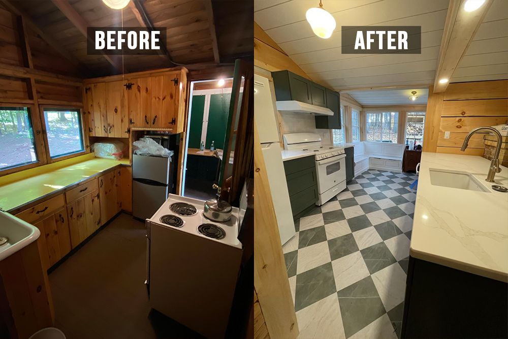 Side-by-side comparison of a kitchen before and after renovation. The 'before' image shows a small, rustic wood-paneled kitchen with minimal appliances, a small counter space, and a basic stove. The 'after' image features a modern kitchen with white and green cabinets, a white stove, a upgraded countertop, large windows, and a patterned black and white tiled floor.