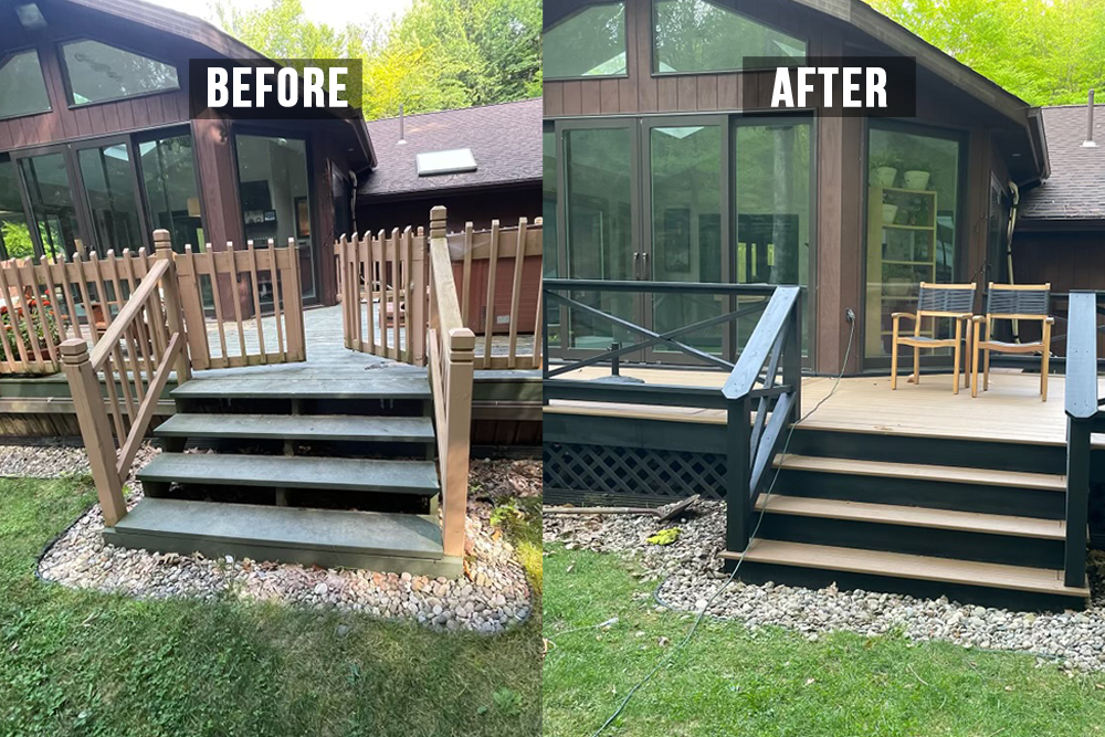 Comparison of a house's deck before and after renovation. The before side shows an older, weathered wooden deck with a simple railing and steps leading up to it. The after side shows a renovated deck with a sleek, painted surface, new black railings, and additional outdoor chairs.