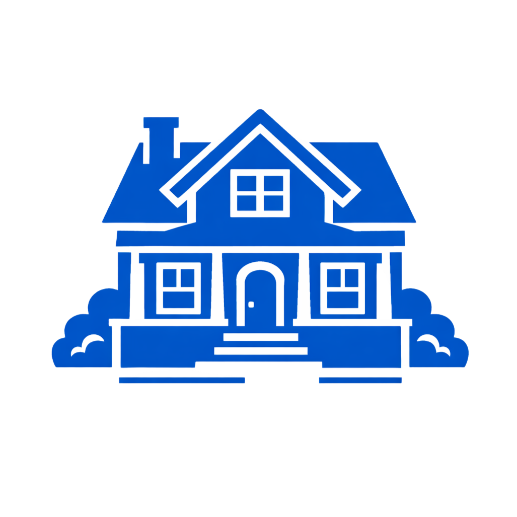 Blue outline of a two-story house with a front porch, steps, a rounded door, four windows, gabled roof, and chimney, surrounded by bushes.