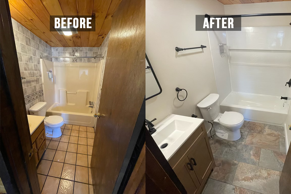Side-by-side comparison of a bathroom, showing a before and after renovation. The 'before' image features a small bathroom with brown tiled floor, wood-paneled ceiling, and a bathtub with a shower. The 'after' image shows a modern bathroom with a different gray tile floor, white walls, a small sink, a toilet, and a bathtub with a shower, with updated fixtures and finishes.