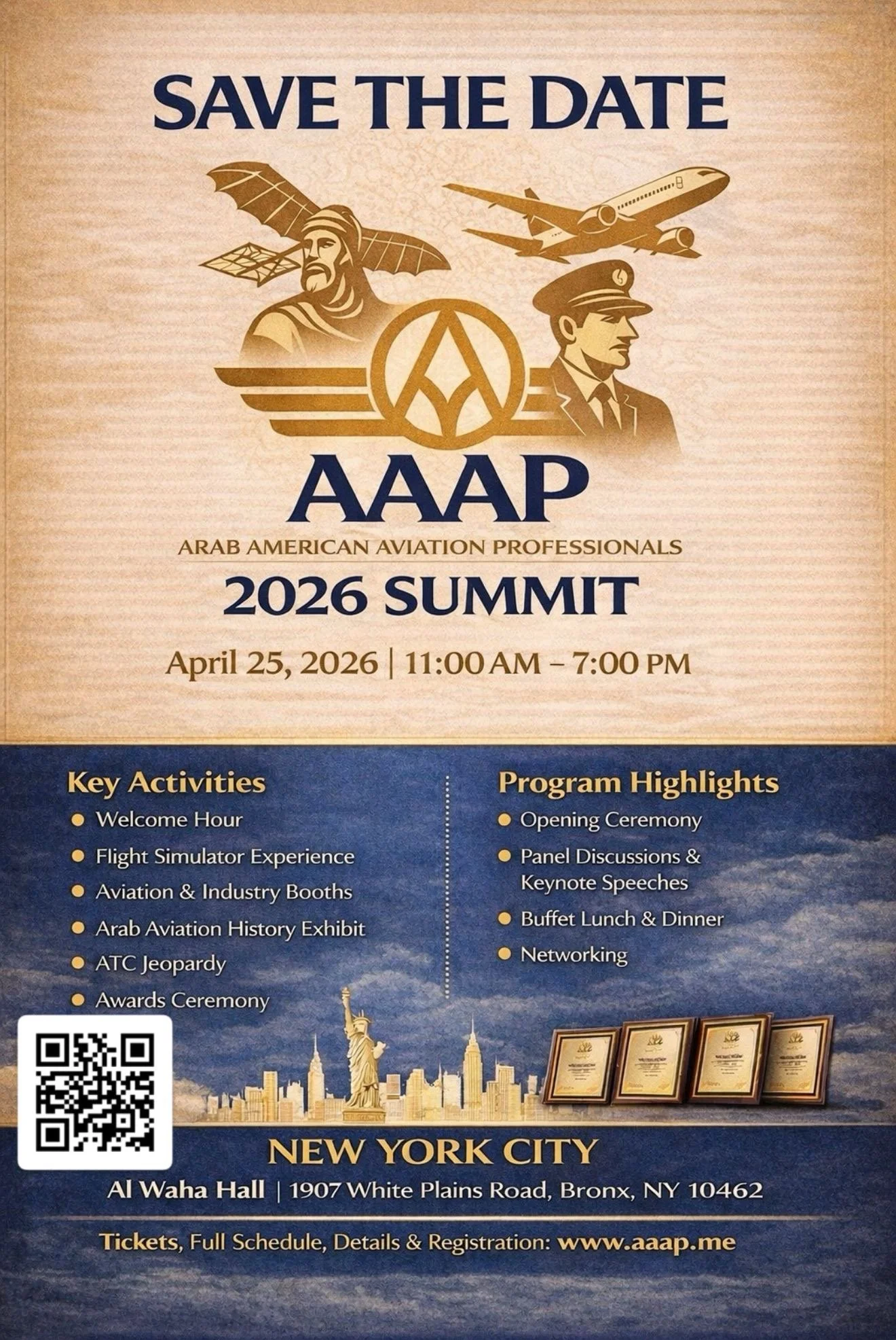 Flyer for the Arab American Aviation Professionals 2026 Summit on April 25, 2026, from 11:00 AM to 7:00 PM, at Al Waha Hall in Bronx, New York, featuring key activities and program highlights.